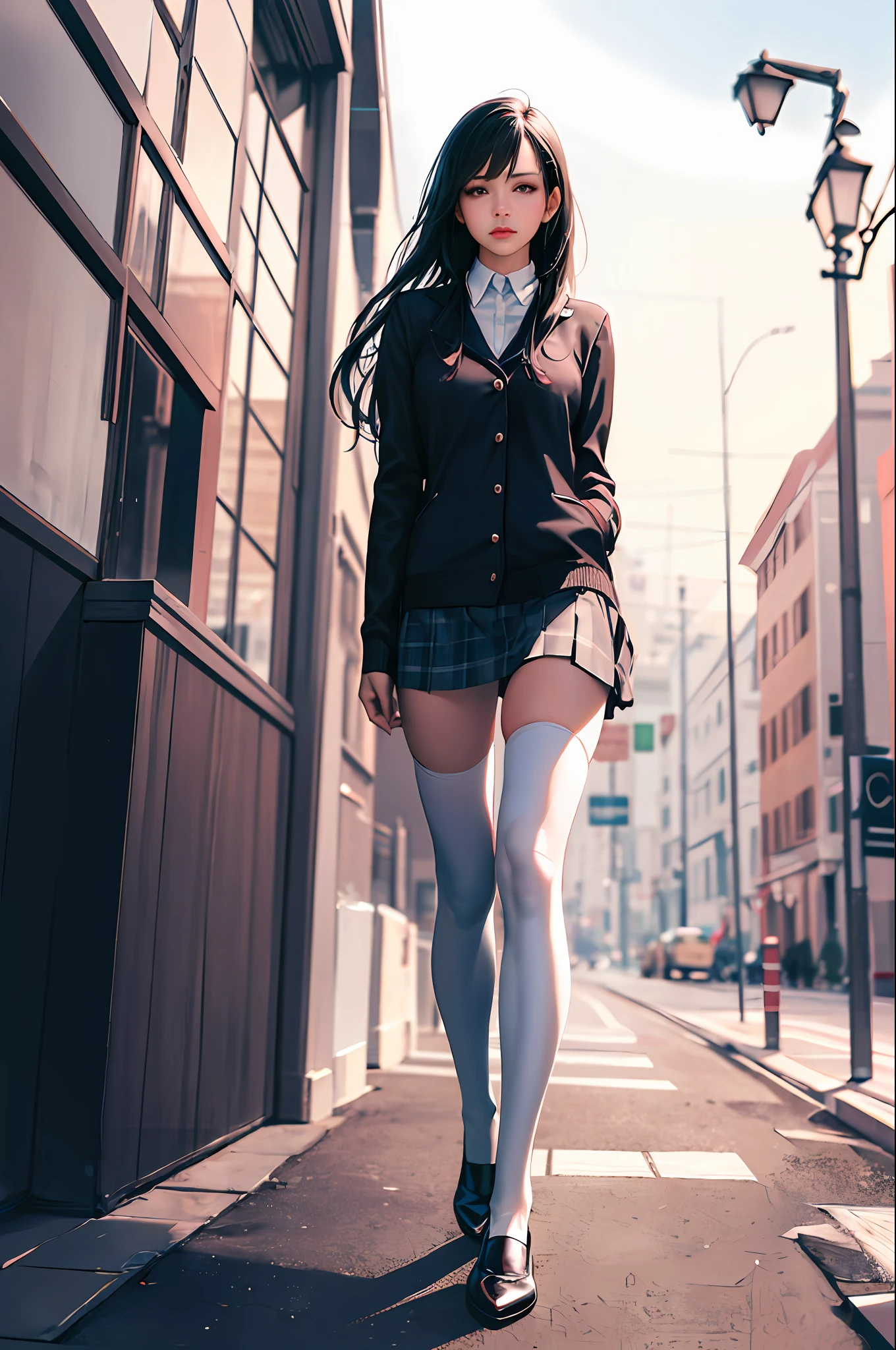 ((masterpiece, best_quality)), 1girl, (photorealistic:1.4),  solo, white_background, black_hair, long_hair,   zettai_ryouiki, skirt, ((full_body)),