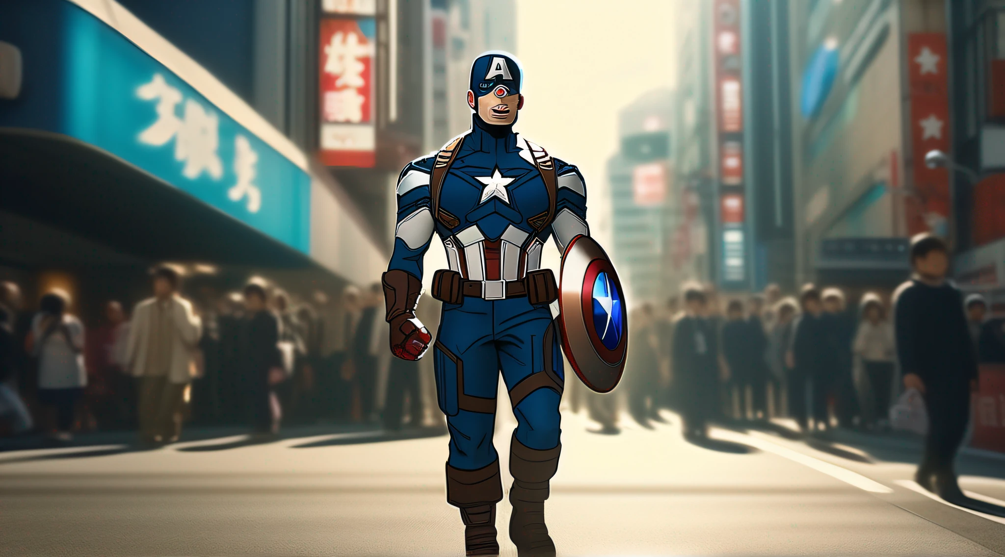 Captain America, a character from the Marvel Cinematic Universe, walks on the streets of Shibuya, Tokyo, Japan, a bustling area filled with sunlight and a futuristic atmosphere. The camera captures him from head to toe, presenting a frontal perspective in stunning 8K resolution.