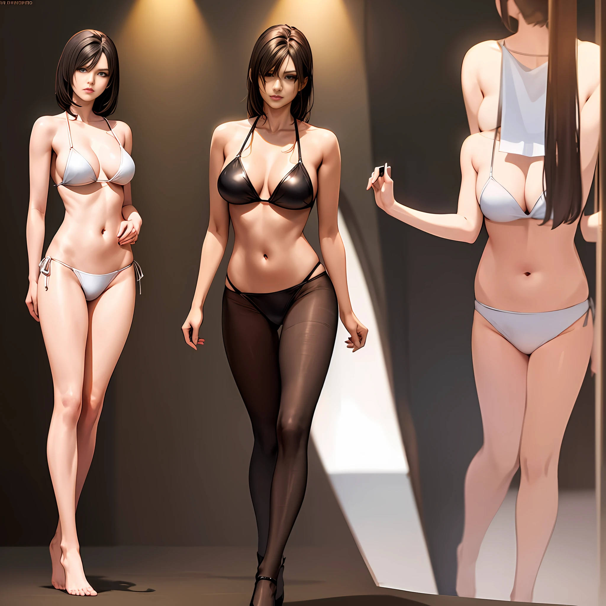 Anime master masterpiece, a fashion show, a beautiful female model walking on the catwalk, walking towards the audience, expression sexy seduction, superstar, wearing silk bikini, ceramic white skin, standing in luxurious interior, full body posture, facial details, detailed body part details, 8k wallpaper, super model, light and shadow following, realistic movie lighting