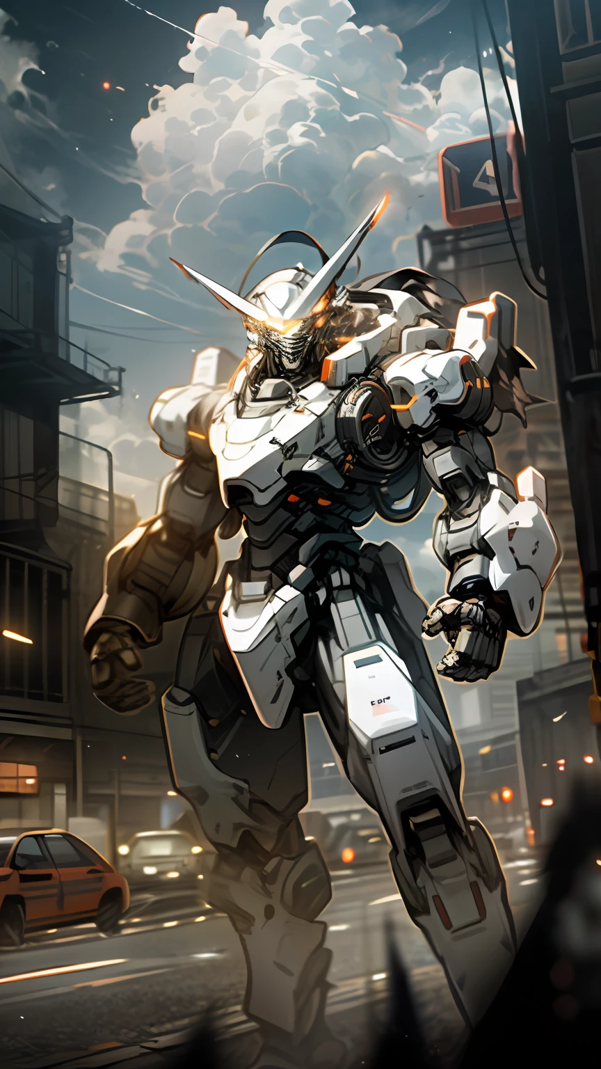 The sky,Clouds,holding_arma,Don't_humans,glowing with,robotic,architectural,glowing_Eyes,Machine armour,Science fiction,The city,realisti,Machine armour,Particle effects,HUD effects,speed,dynamic