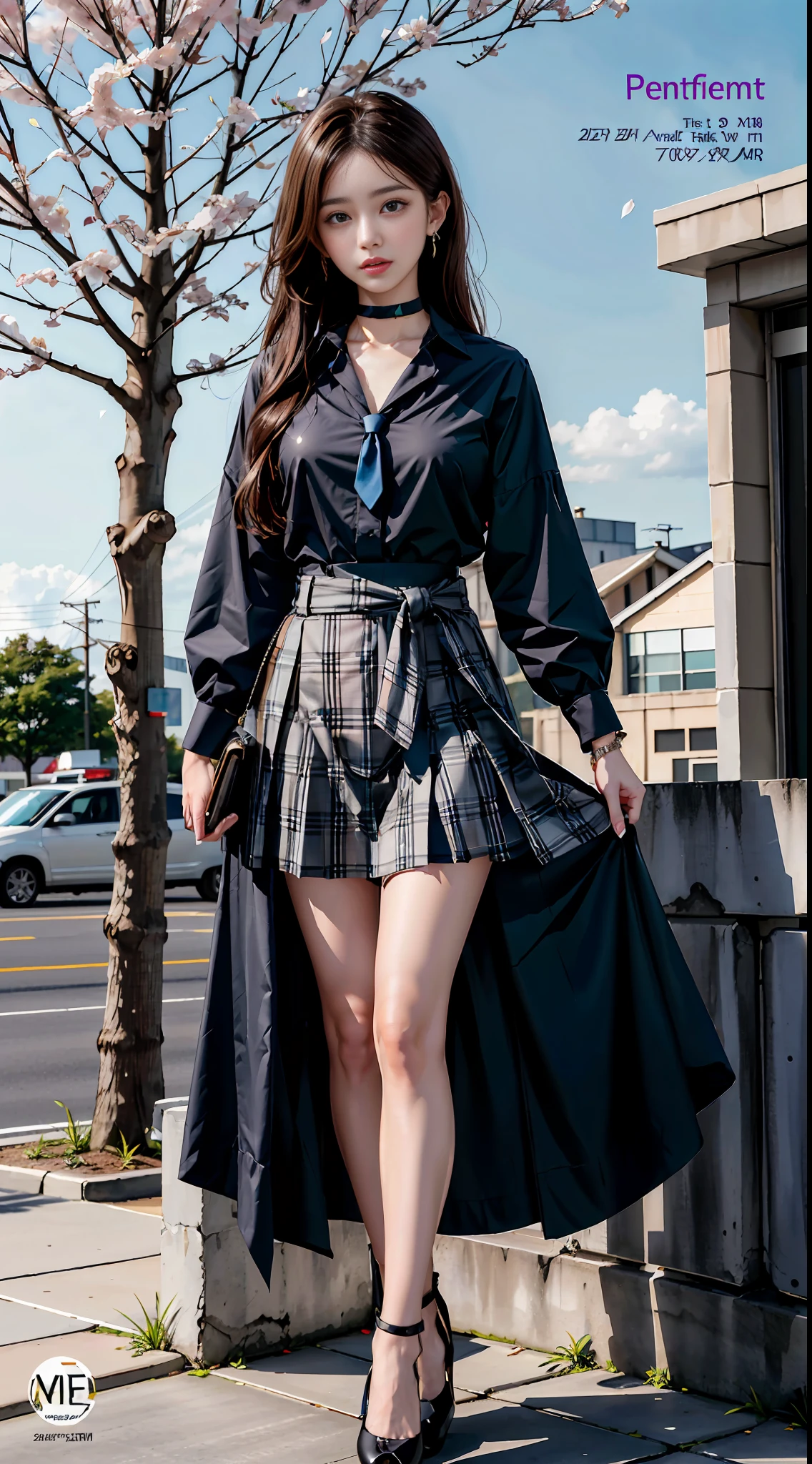 masterpiece, best quality, full body, 1girl, bangs, black choker, black necktie, black hair, blue skirt, blush, bracelet, breasts, choker, clothes around waist, collarbone, collared shirt, cowboy shot, dress shirt, ear piercing, eyebrows visible through hair, gradient hair, grin, gyaru, jewelry, kogal, long hair, looking at viewer, loose necktie, necktie, piercing, plaid, plaid skirt, pleated skirt, red eyes, ring, school uniform, shirt, skirt, smile, solo, white shirt, street, sky, cherry blossoms, petals,illustration, (magazine:1.3), (cover-style:1.3), fashionable, woman, vibrant, outfit, posing, front, colorful, dynamic, background, elements, confident, expression, holding, statement, accessory, majestic, coiled, around, touch, scene, text, cover, bold, attention-grabbing, title, stylish, font, catchy, headline, larger, striking, modern, trendy, focus, fashion,