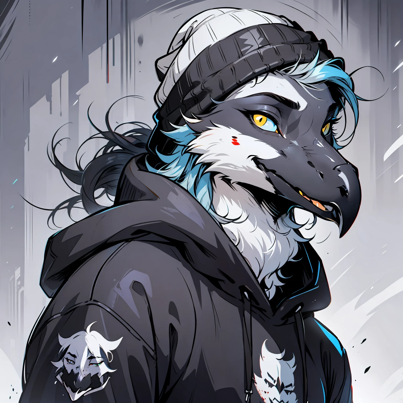 anthro avian bird, beak, (yellow beak), tired, sleep deprived, bags under eyes, male, (black), early morning, staring, close up, headshot,  bloodstainai, strong outlines, high contrast, bright colors, beanie, hoodie, long hair, simple background, relaxed, profile picture, portrait, detailed eyes