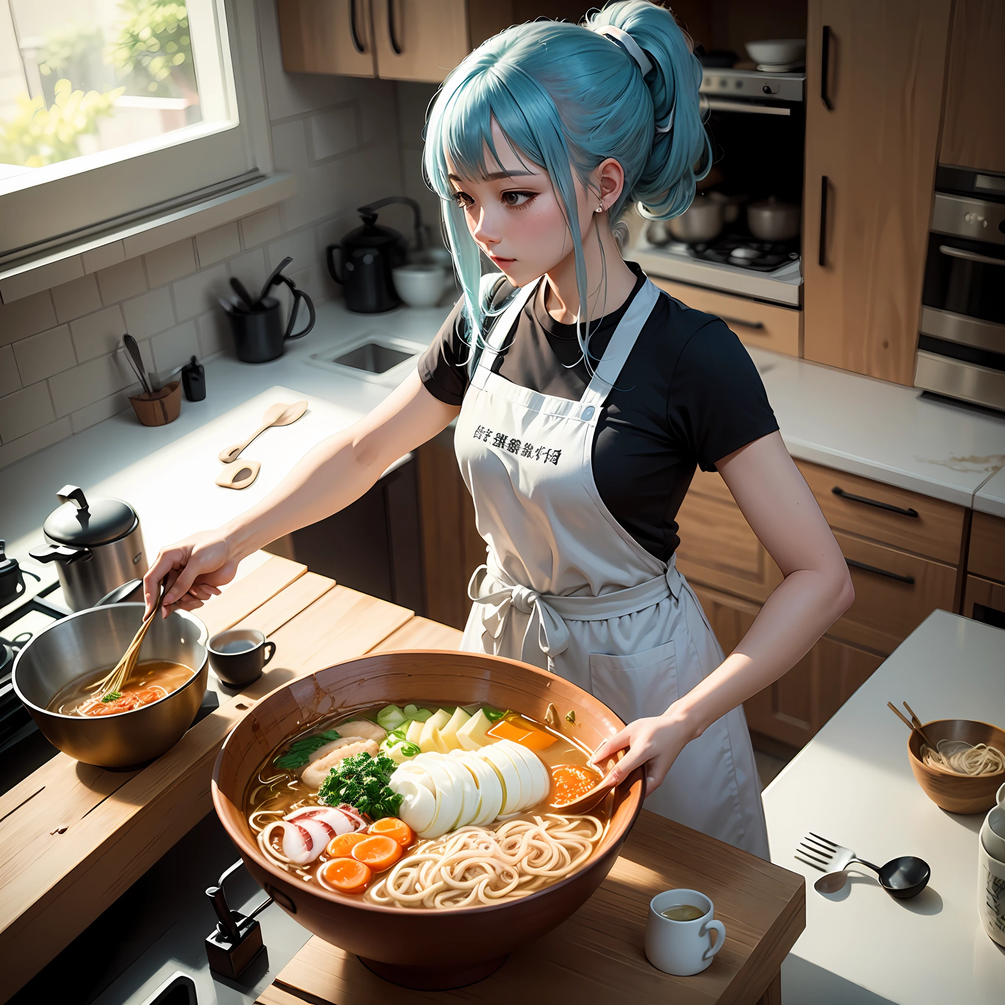 Illustration style masterpiece masterwork Delicious ramen🍜 Serve One girl who makes ramen is wearing a white fluffy apron. Blue hair in a ponytail Kitchen with white tones --auto