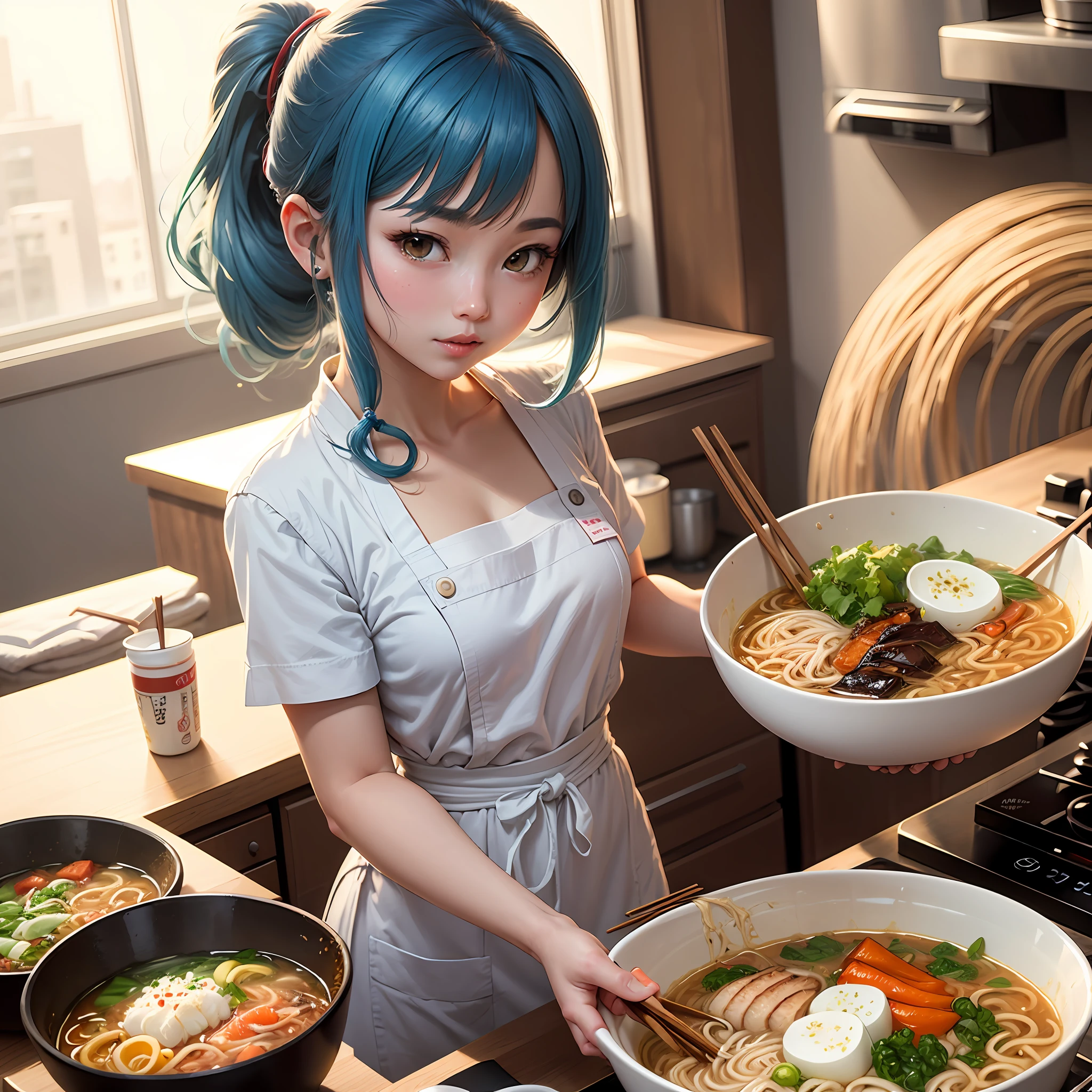 Illustration style masterpiece masterwork Delicious ramen🍜 Serve One girl who makes ramen is wearing a white fluffy apron. Blue hair in a ponytail Kitchen with white tones --auto
