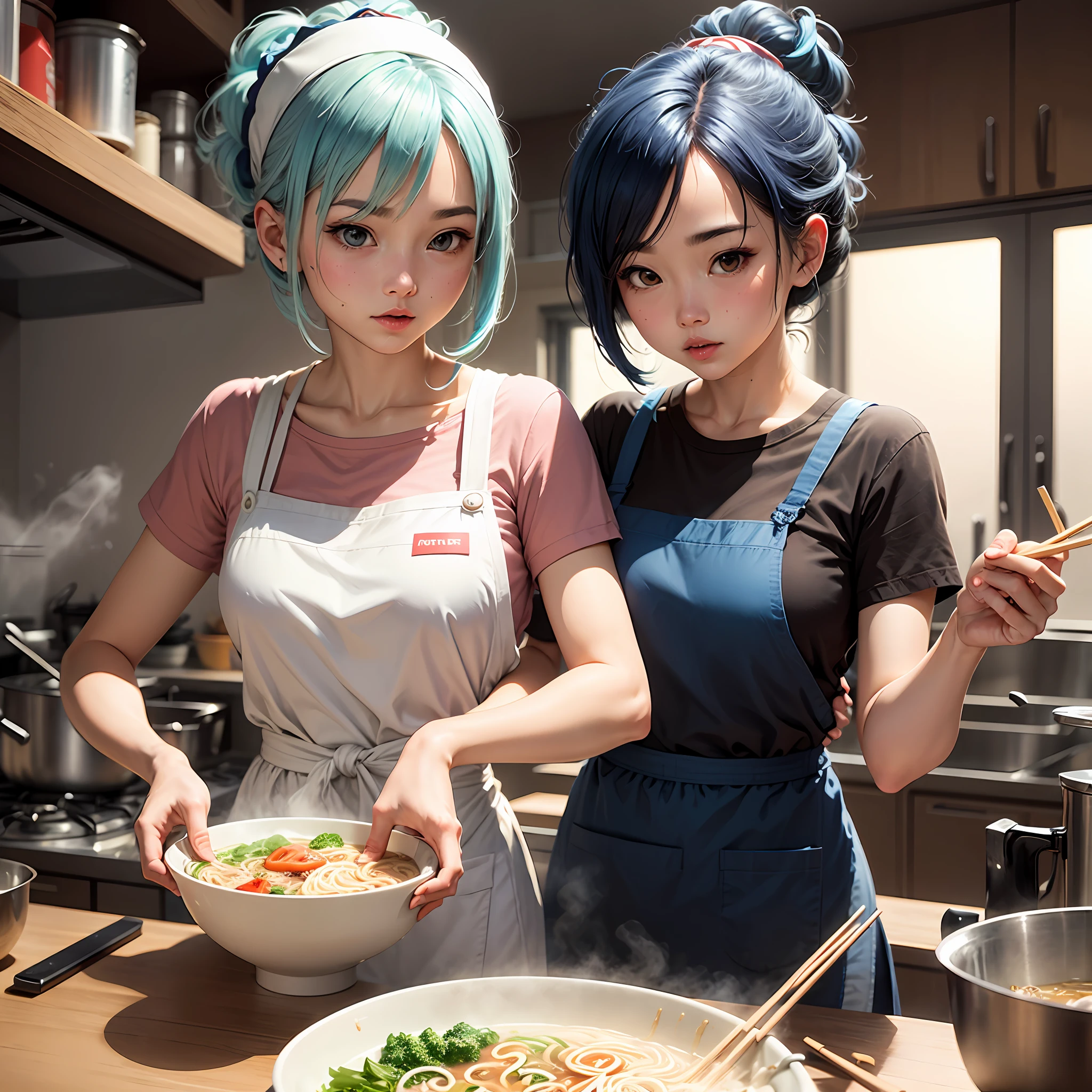 Illustration style masterpiece masterwork Delicious ramen🍜 Serve One girl who makes ramen is wearing a white fluffy apron. Blue hair in a ponytail Kitchen with white tones --auto