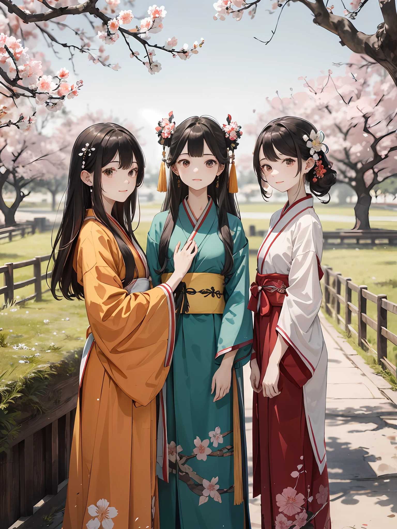 Absurdo, High Definition, super detalhado, (3 meninas: 1.3), hand drawn, linhas simples, three 20-year-old girls in colorful Hanfu, standing under peach blossom trees, obra prima, dia ensolarado, looking toward camera