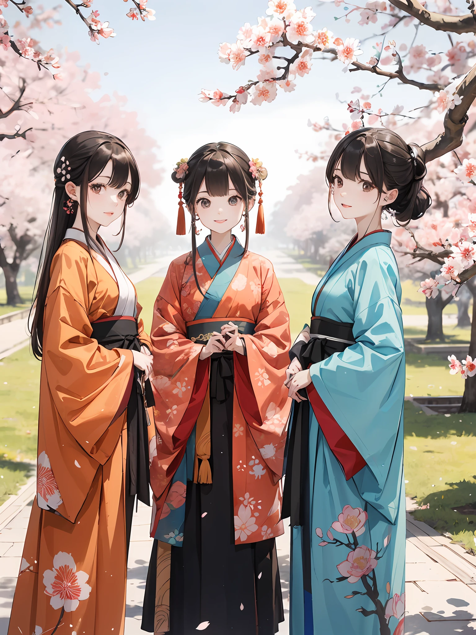 Absurdo, High Definition, super detalhado, (3 s: 1.3), hand drawn, linhas simples, three 20-year-old girls in colorful Hanfu, standing under peach blossom trees, obra prima, dia ensolarado, looking toward camera