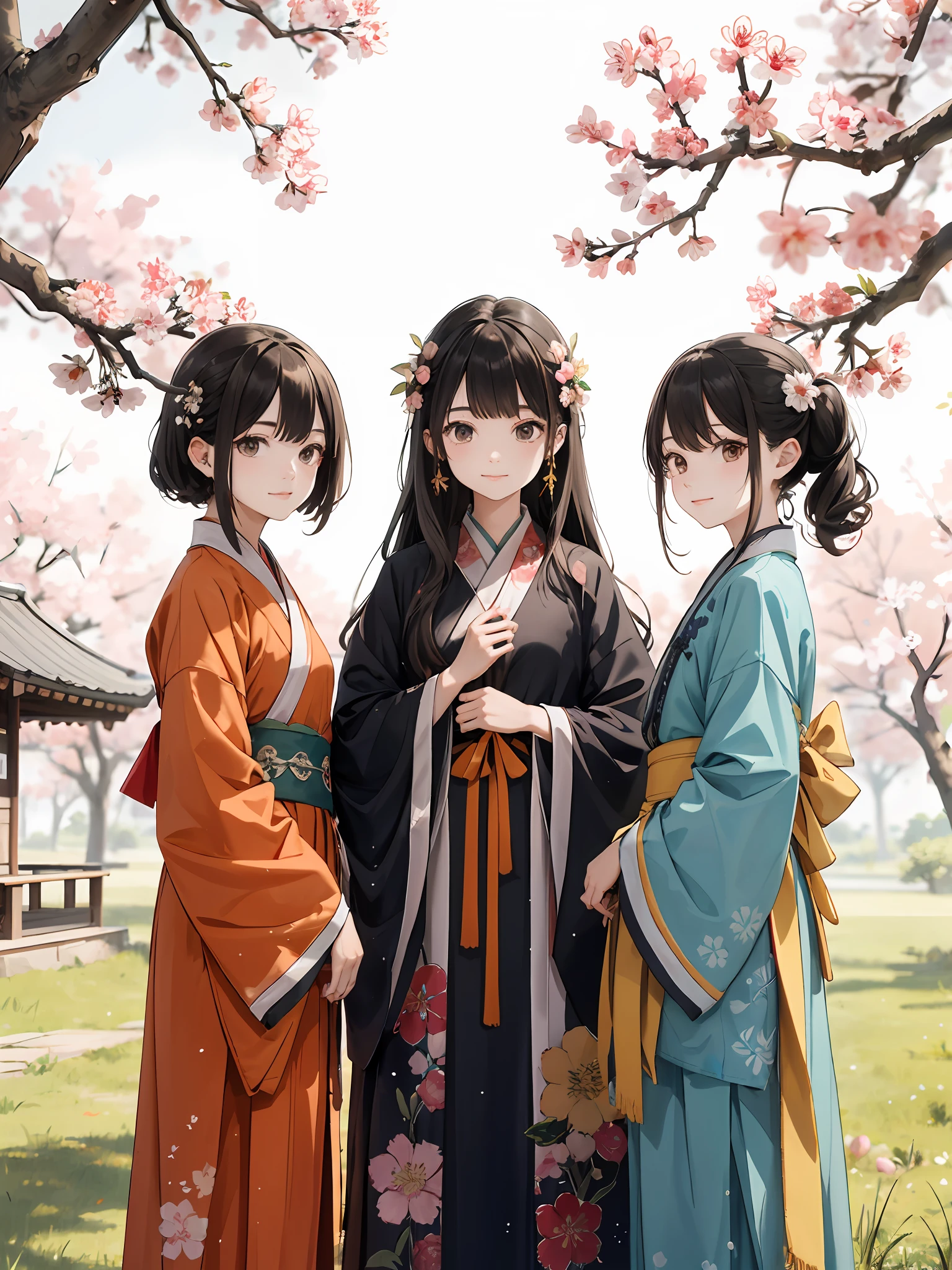 Absurdo, High Definition, super detalhado, (3 meninas: 1.3), hand drawn, linhas simples, three 20-year-old girls in colorful Hanfu, standing under peach blossom trees, obra prima, dia ensolarado, looking toward camera