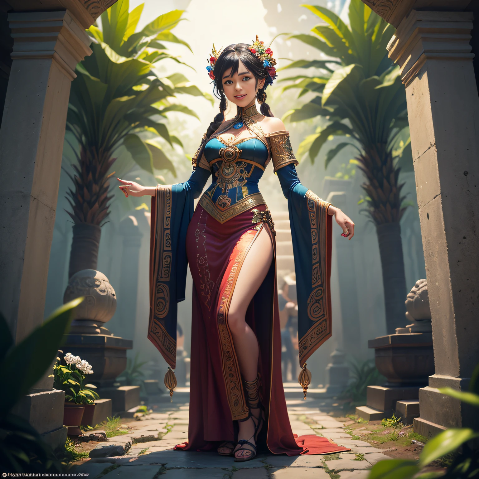 ((Mayan civilization)), ((archaeological site)), ((stela monuments)), glyph carvings, vibrant colors, jungle backdrop, ancient history, intricate details, temporal lobe activation. Boris Vallejo Style (( Mayan colorful girl, traditional outfit, full body, nice pose, smiling, she is very attractive and beautiful,)) gorgeous pose, in a sun-drenched garden filled with vibrant flowers and buzzing insects. ((in the style of Henry Rousseau)), extremely detailed cg unity 8k wallpaper, high detail, photorealistic painting art by midjourney and Greg Rutkowski, matte, Bryan organ, best quality, high quality, extremely detailed cg unity 8k wallpaper, HD r, trending on art station, trending on cg society, high detail, art by midjourney. ((cinematic shot photo taken by canon 7d, style. 8K, ultra high definition, sharp imagen. realistic, ornate, vivid art station, Alphonse Mucha, Ayami kojima))