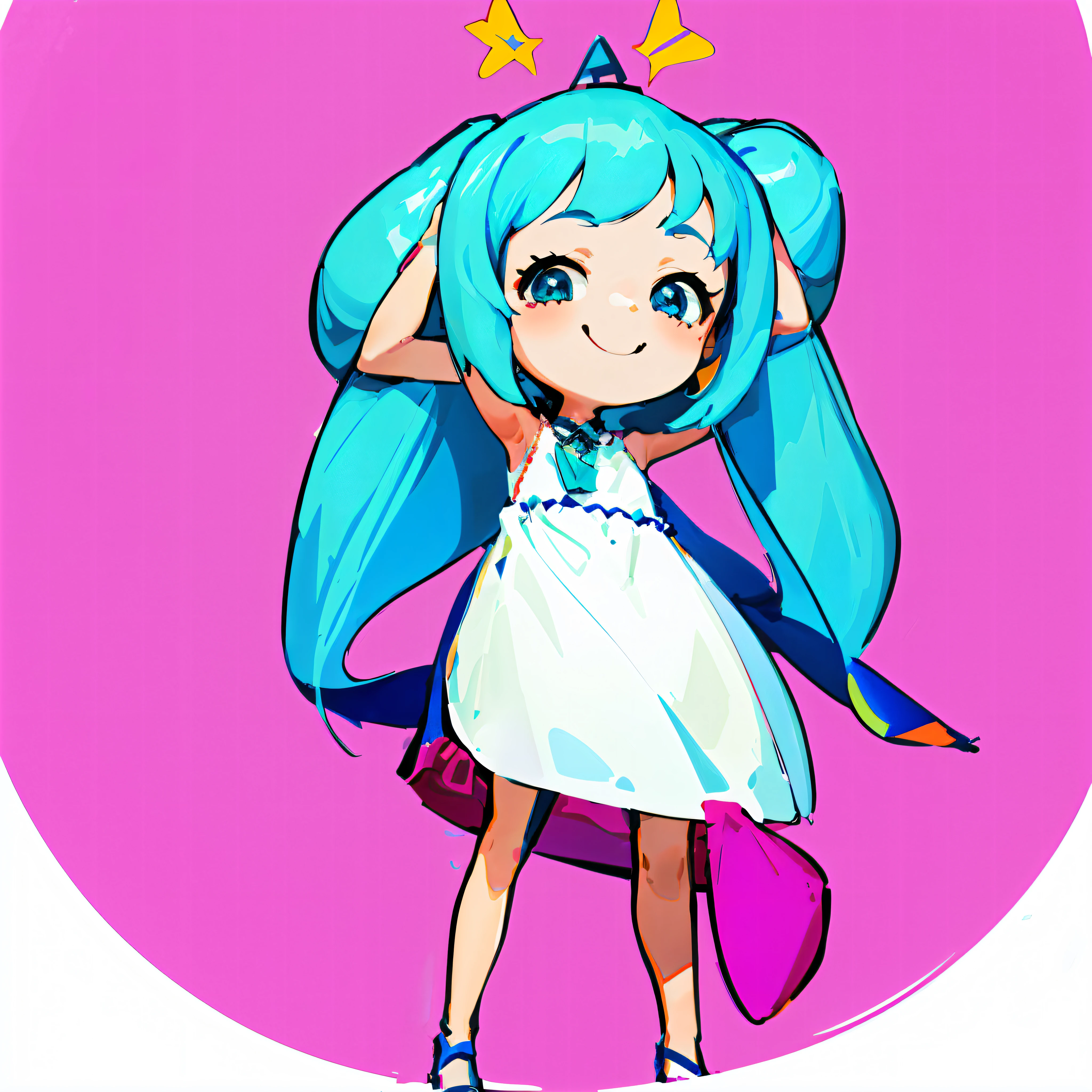 a cartoon girl with blue hair and a white dress, miku, Hatsune friend, mikudayo, hatsune miku portrait, portrait of hatsune miku, vocaloid, a happy meal toy of hatsune miku, hatsune miku short hair, loli in dress, loli, hatsune miku face, pink twintail hair and cyan eyes
