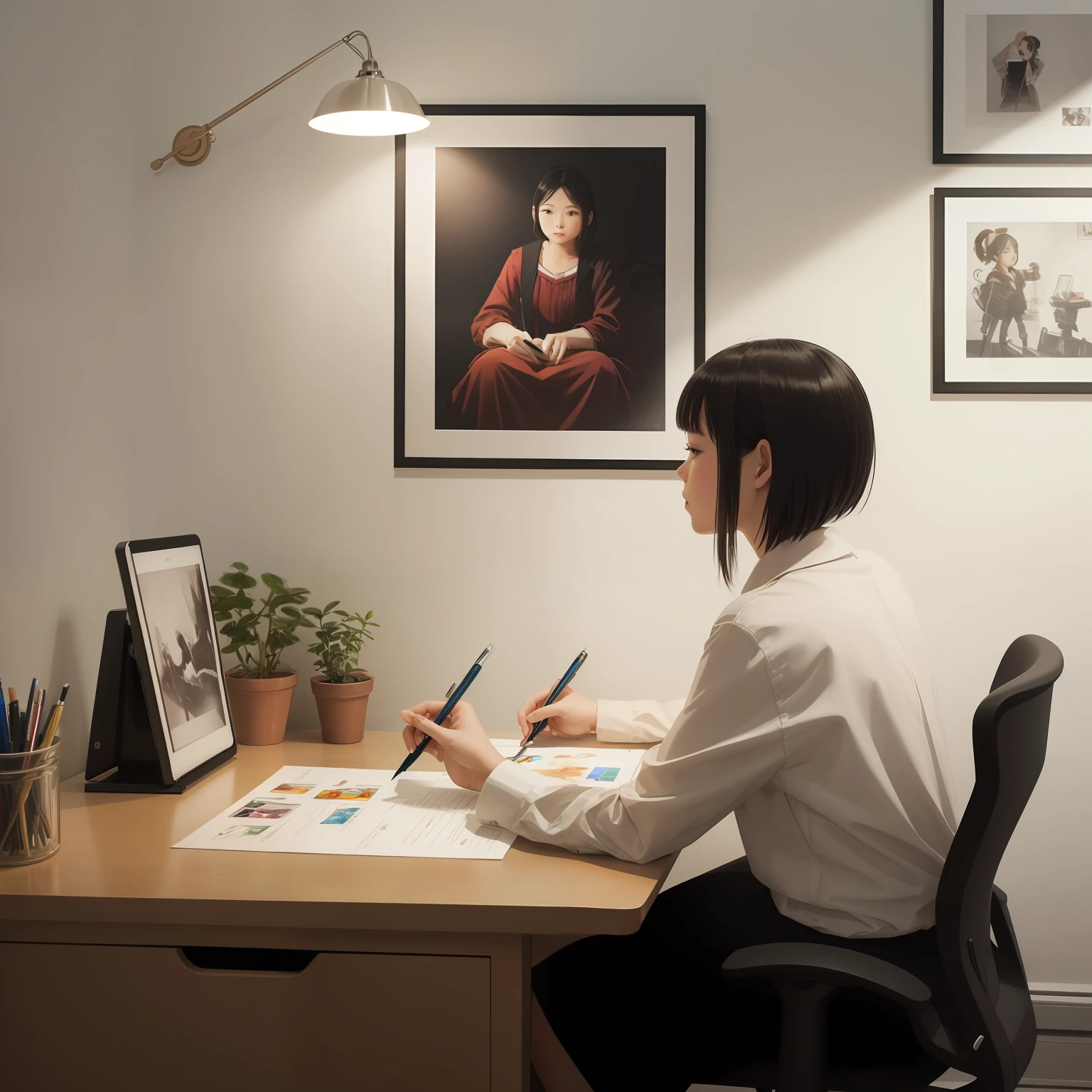 Minimalist study,Short-haired college girl,Delicate makeup,The girl sits at the desk,There is a tablet on the desk,Pen,Several pens are inserted in the pen holder,The background is a white wall,There are some pictures hanging on the wall,College girls are facing the camera,70 focal length,F2.8,High-pitched picture,Majin screen,Department of Art,Side backlight,High short tone picture --auto