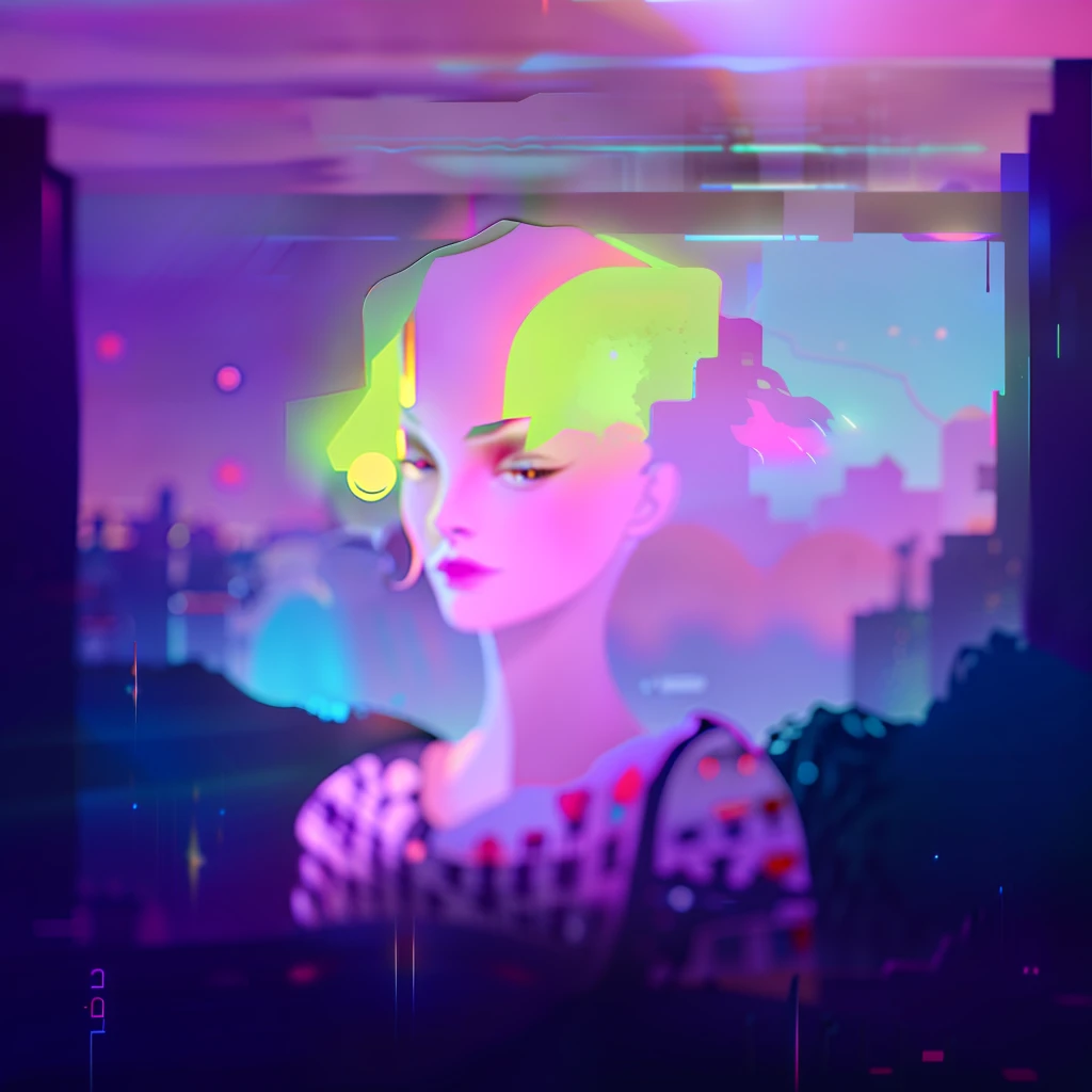 there is a blurry image of a woman with a hat on, blurry and dreamy illustration, blurry and dreamy illustration, soft neon atmosphere, soft digital painting, dreamy colorful cyberpunk colors, cyberpunk vibe, beautiful glitch art dream, young glitched woman, inspired by loish, dreamy cyberpunk girl, digital art 4k unsettling, cyberpunk digital painting, soft blur and glow