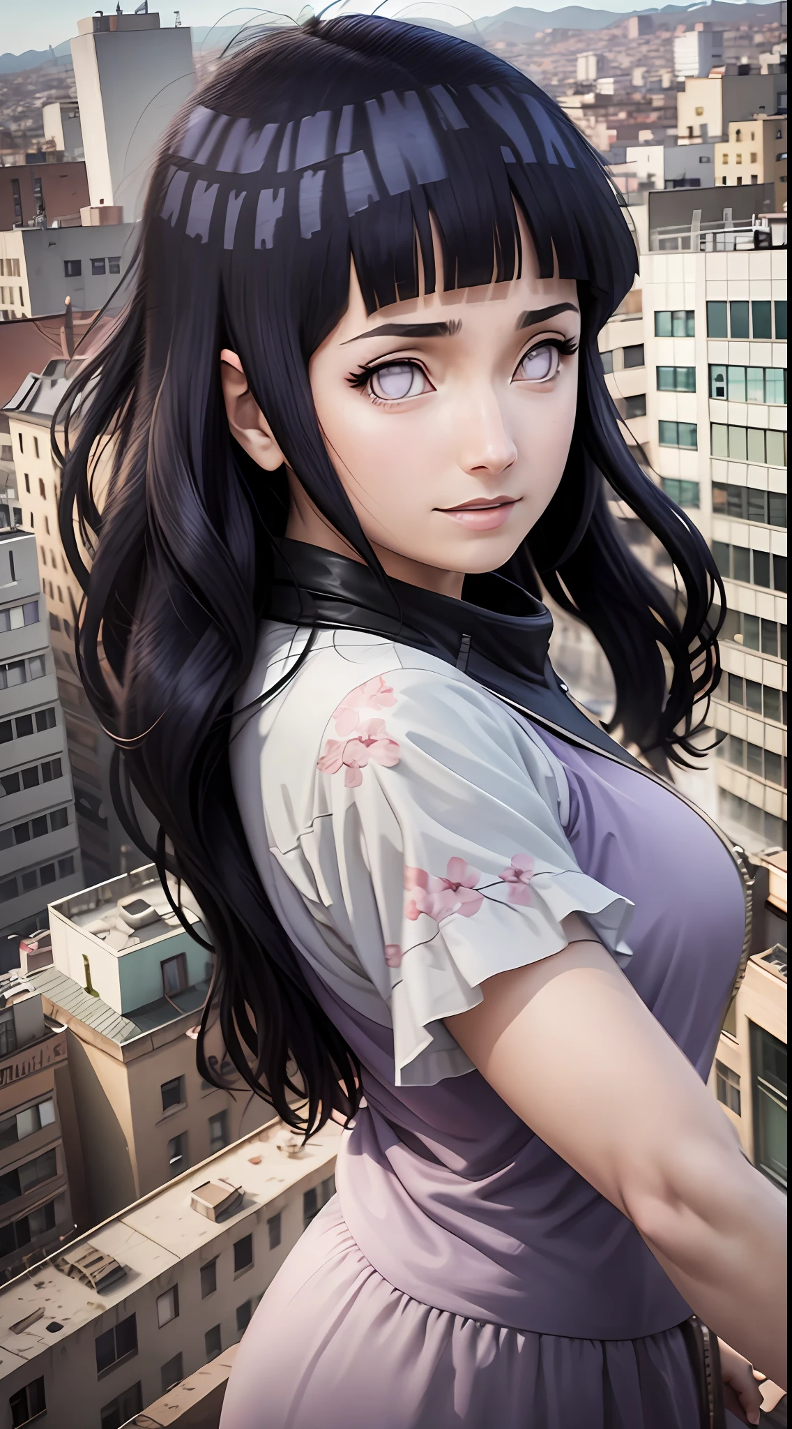 Amidst the bustling streets of a vibrant city, Hinata Hyûga from Naruto stands on a rooftop, com vista para a paisagem urbana. The evening sky paints a canvas of warm hues, casting a soft glow on the scene. Hinata, vestida com sua assinatura roxo claro, Branco, and salmon pink attire, stands with poise and confidence. Her age of 25 is evident in her mature demeanor, complementada por sua figura esbelta. Apesar de sua cegueira, her light violet eyes without irises exude resilience and determination. O cabelo dela, A cor da meia-noite (#131219), dances in the wind, framing her gentle smile as she looks directly at the camera. Cherry blossom petals gently swirl around her, Transportado pela brisa urbana, adding a touch of ethereal beauty to the cityscape. fotografia, capturado com uma lente grande angular, highlighting the juxtaposition between the bustling city below and Hinata's serene presence.