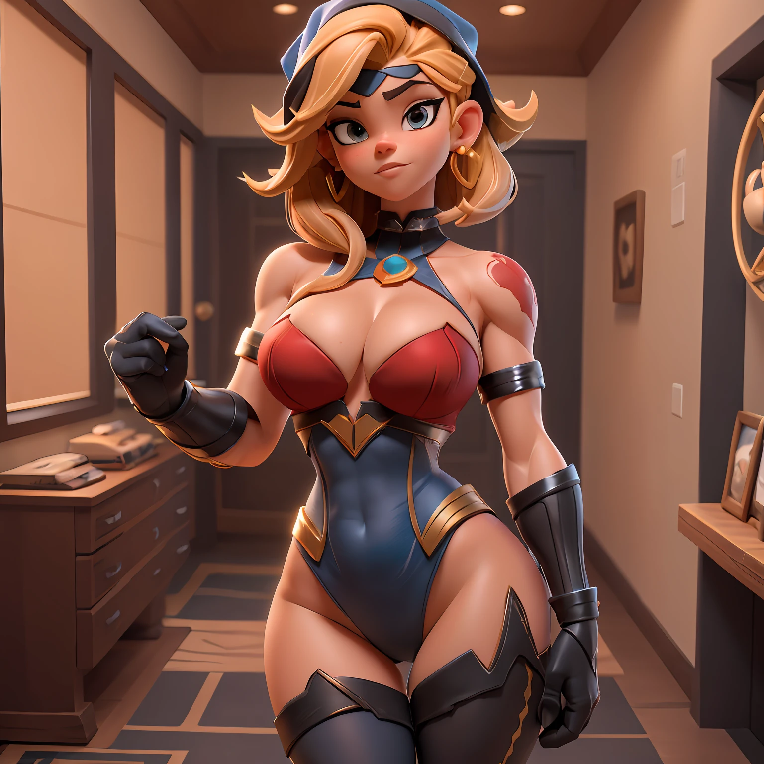 Superhero ("Sara Hyland") com cabelos longos e negros, vestindo "traje vermelho revelador e provocador", corpo sensual, pose sensual, Sobrancelhas Grossas, bochechas coradas, Anatomia correta, pernas torneadas perfeitas, seios pequenos e perfeitos, lewd