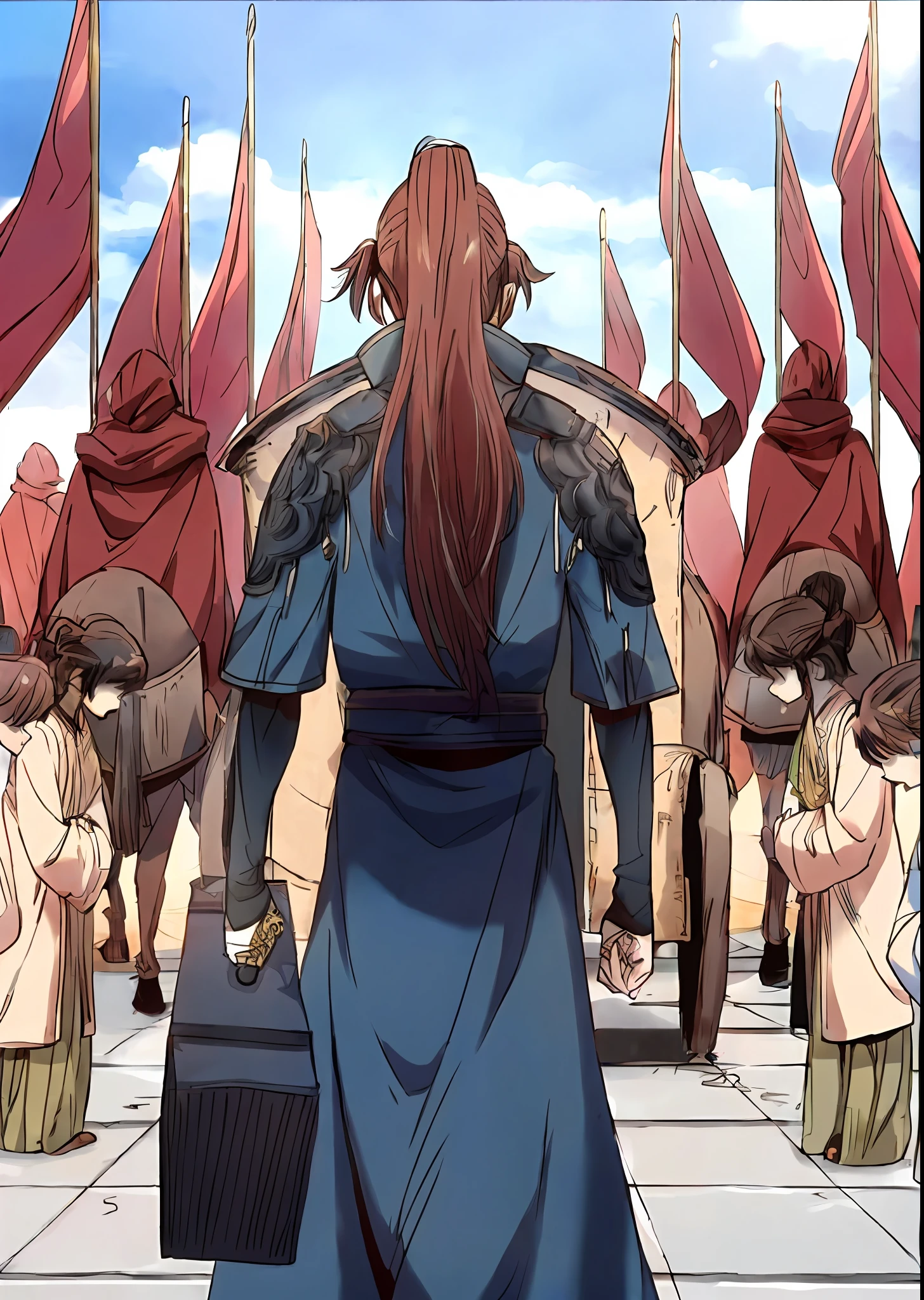 An anime scene of a man in period costume walking through a crowd, boromir in an anime world, screenshot from the anime film, with young jedi army behind him, mushoku tensei, boromir in an 80\'s anime world, vinland saga, aragorn in an anime world, leaving for battle, Fire Emblem Sannomiya Traditional Chinese costume