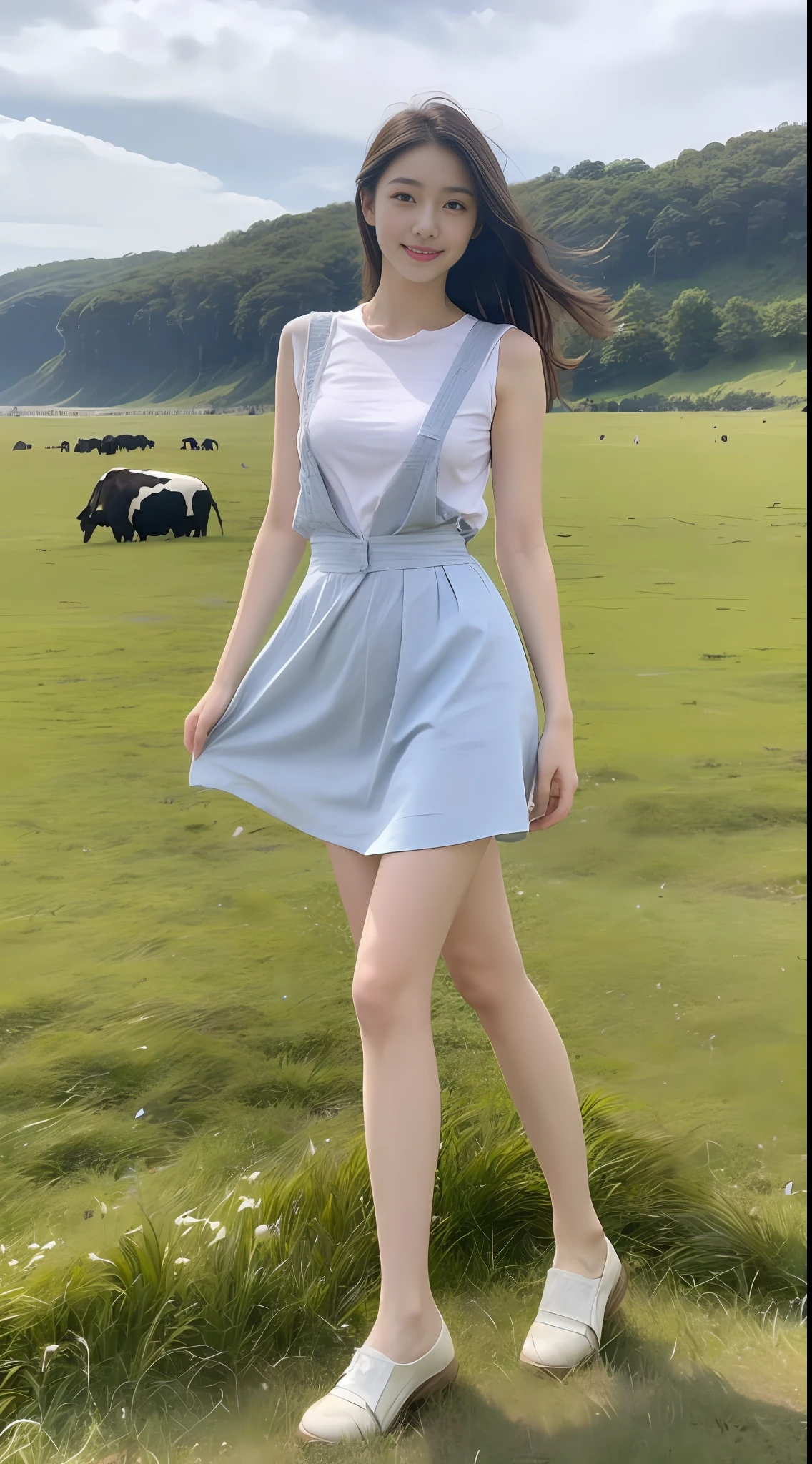 A beautiful and cute girl, full body photo, extremely beautiful and delicate, black hair, sweet smile, delicate beautiful fair skin, realistic and realistic, exquisite and complete facial features, detailed facial portrayal, high nose bridge, flowing smooth hair, extremely delicate hair, soft temperament, face light, tall, thin, real, hyper-real, full-body lens, forward tilt angle, ultimate picture quality, highest precision, accurate and perfect human body structure. Blue sky and white clouds, sitting on the grassland, blue sky and white clouds, sunlight, cows and sheep, (suspenders, long skirts) panties are clearly visible