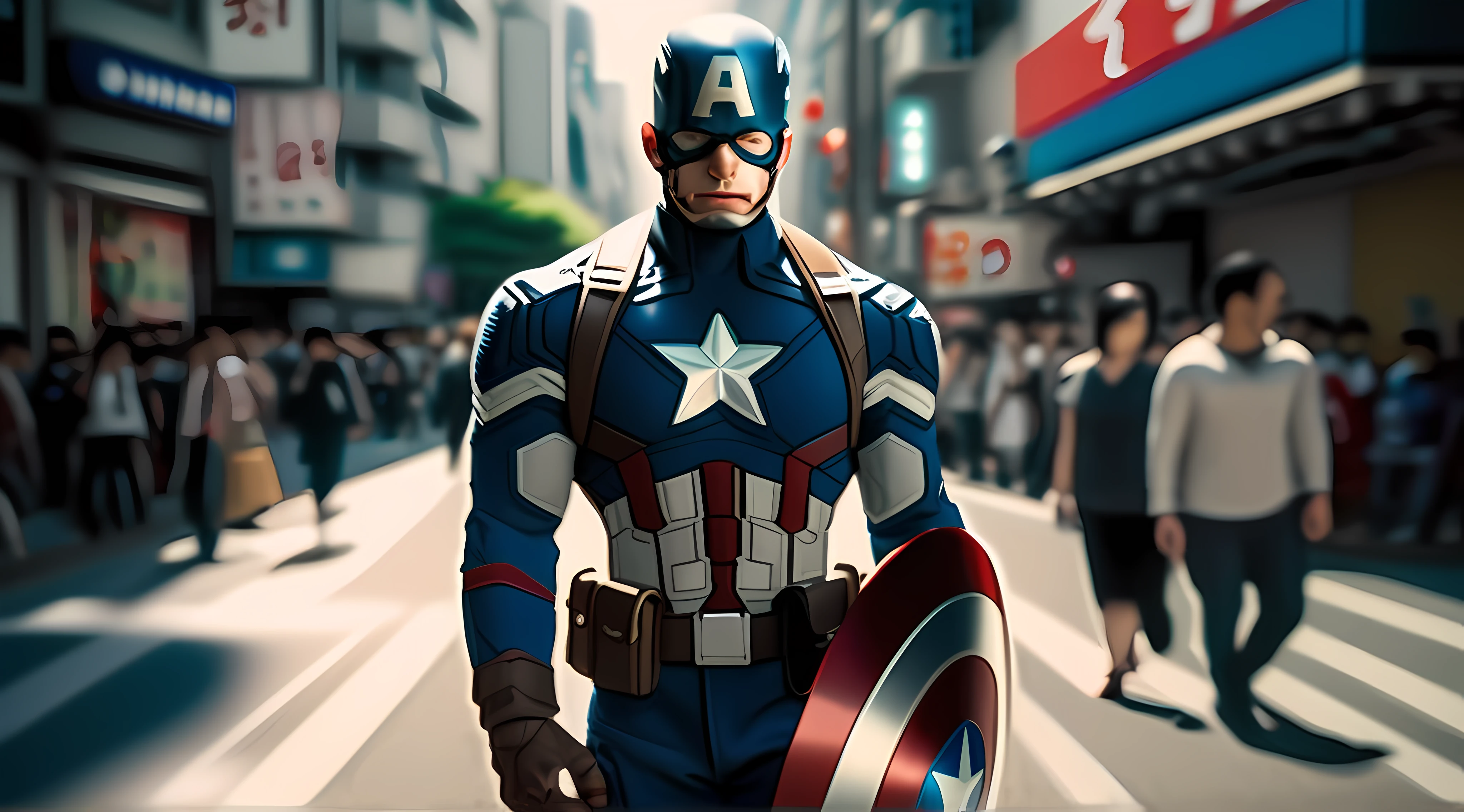 Captain America, a character from the Marvel Cinematic Universe, walks on the streets of Shibuya, Tokyo, Japan, a bustling area filled with sunlight and a futuristic atmosphere. The camera captures him from head to toe, presenting a frontal perspective in stunning 8K resolution.