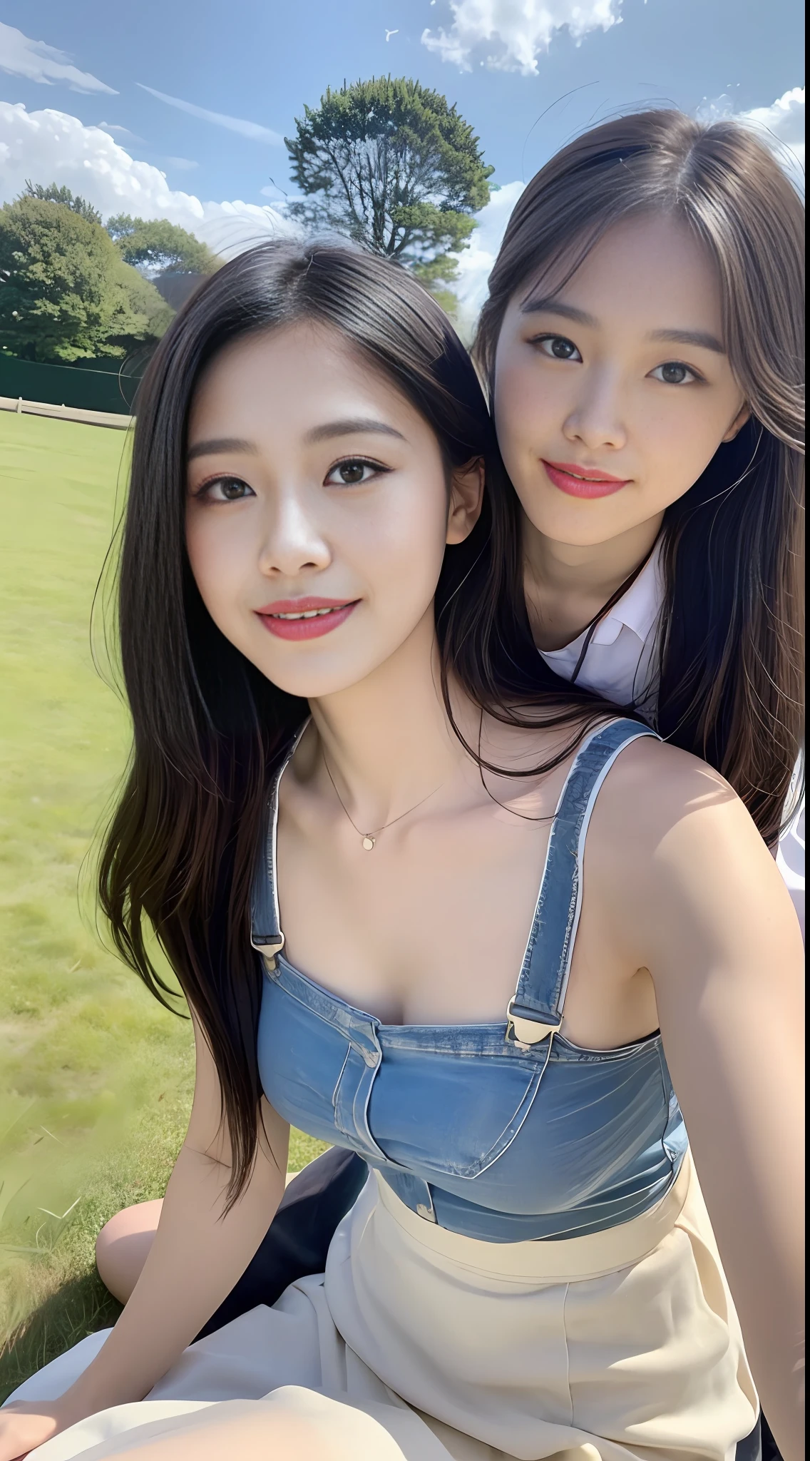A beautiful and cute girl, full body photo, extremely beautiful and delicate, black hair, sweet smile, delicate beautiful fair skin, realistic and realistic, exquisite and complete facial features, detailed facial portrayal, high nose bridge, flowing smooth hair, extremely delicate hair, soft temperament, face light, tall, thin, real, hyper-real, full-body lens, forward tilt angle, ultimate picture quality, highest precision, accurate and perfect human body structure. Blue sky and white clouds, sitting on the grassland, blue sky and white clouds, sunlight, cows and sheep, (suspenders, long skirts) panties are clearly visible