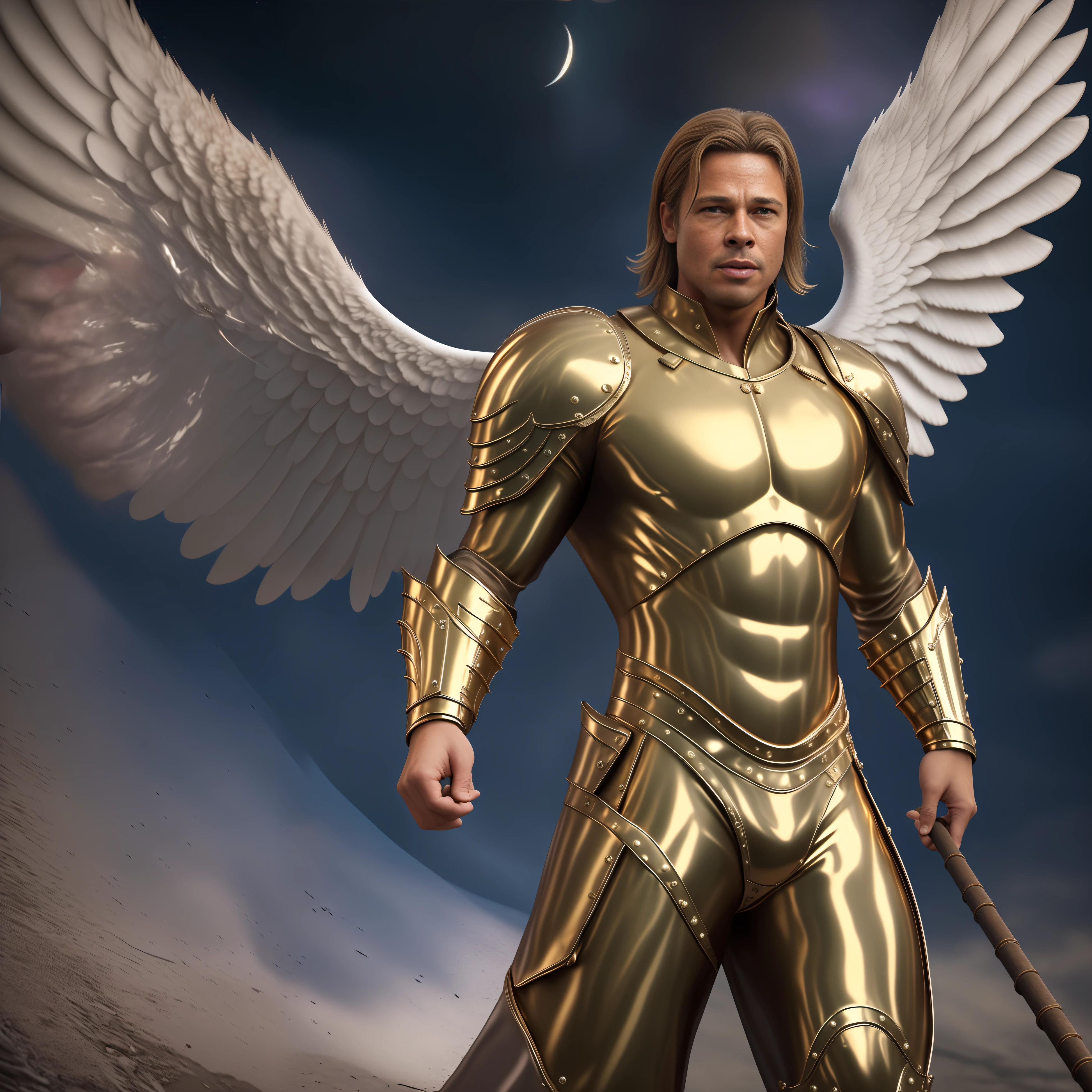 Michael Archangel with brad pitt face (1.2). alone, full body. Ultra realistic. Gold and silver armor. detailed beautiful face. facing camera. Dark atmosphere. big white wings (1.2). long blond hair (1.2). almond blue eyes. night sky. 8k, HDR, ultra realistic, realistic skin, masterpiece, best quality, high quality, photo realistic, ray tracing.