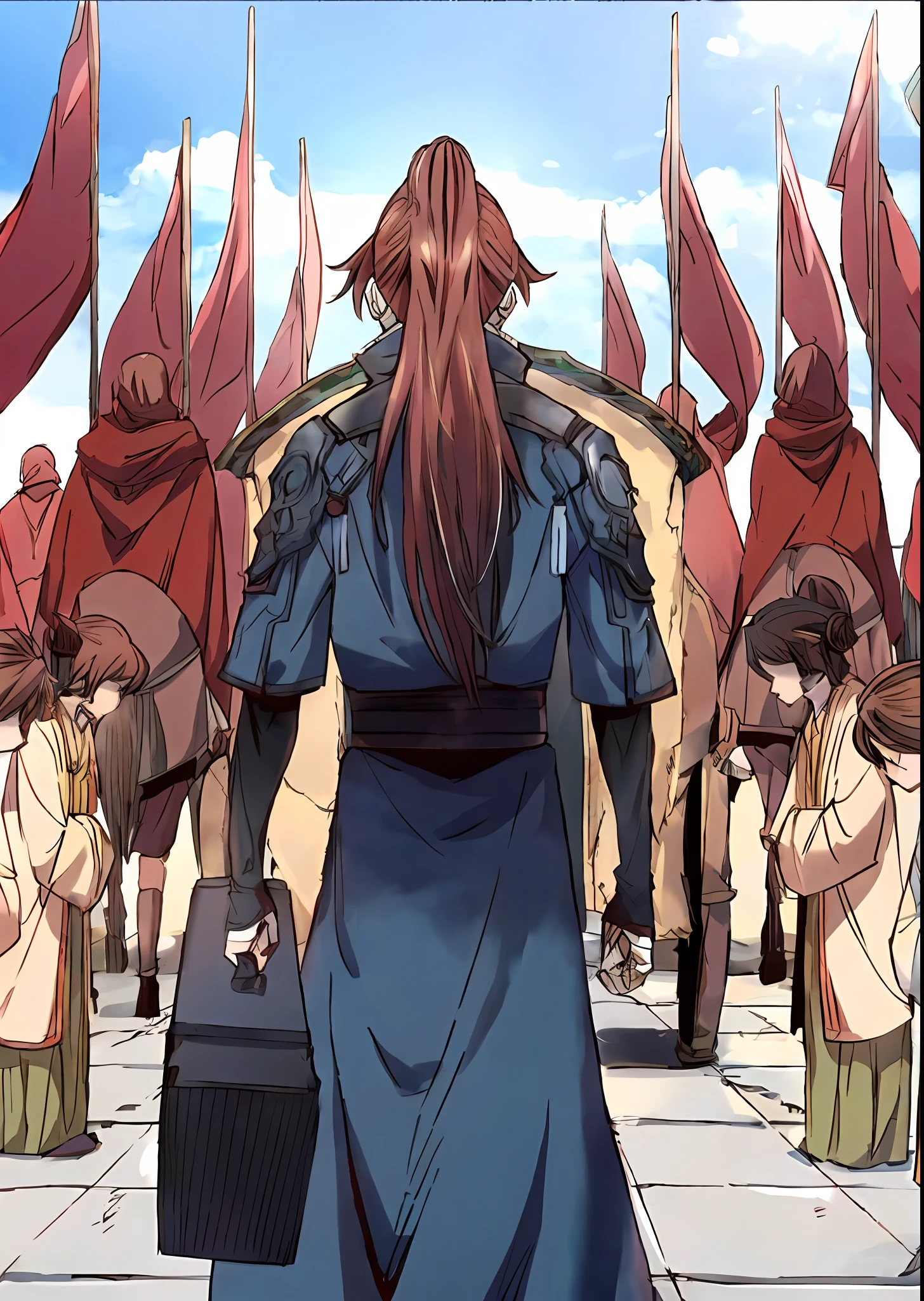 An anime scene of a man in period costume walking through a crowd, boromir in an anime world, screenshot from the anime film, with young jedi army behind him, mushoku tensei, boromir in an 80\'s anime world, vinland saga, aragorn in an anime world, leaving for battle, Fire Emblem Sannomiya Traditional Chinese costume