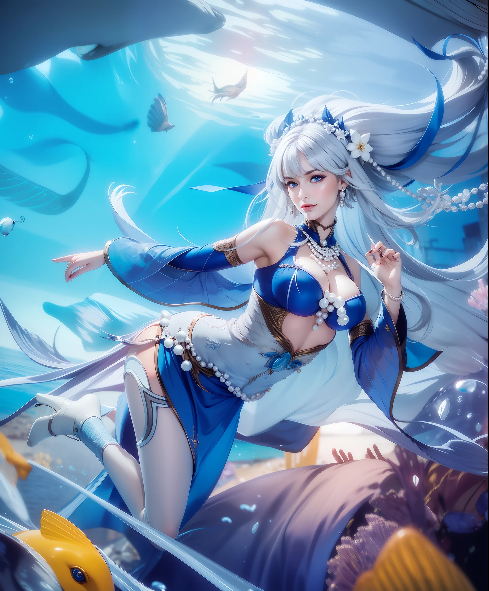 Woman, beautiful face, piercing gaze, smile, blue eyes, Sexy blue dress, long white hair with perfect pearl necklace, ultra realistic, photorealistic, masterpiece, detail, Under the sea, perfect face, high heels