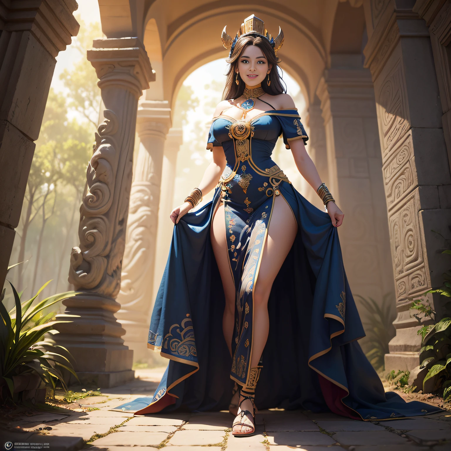 ((Mayan civilization)), ((archaeological site)), ((stela monuments)), glyph carvings, vibrant colors, jungle backdrop, ancient history, intricate details, temporal lobe activation. Boris Vallejo Style (( Mayan colorful girl, traditional outfit, full body, nice pose, smiling, she is very attractive and beautiful,)) gorgeous pose, in a sun-drenched garden filled with vibrant flowers and buzzing insects. ((in the style of Henry Rousseau)), extremely detailed cg unity 8k wallpaper, high detail, photorealistic painting art by midjourney and Greg Rutkowski, matte, Bryan organ, best quality, high quality, extremely detailed cg unity 8k wallpaper, HD r, trending on art station, trending on cg society, high detail, art by midjourney. ((cinematic shot photo taken by canon 7d, style. 8K, ultra high definition, sharp imagen. realistic, ornate, vivid art station, Alphonse Mucha, Ayami kojima))