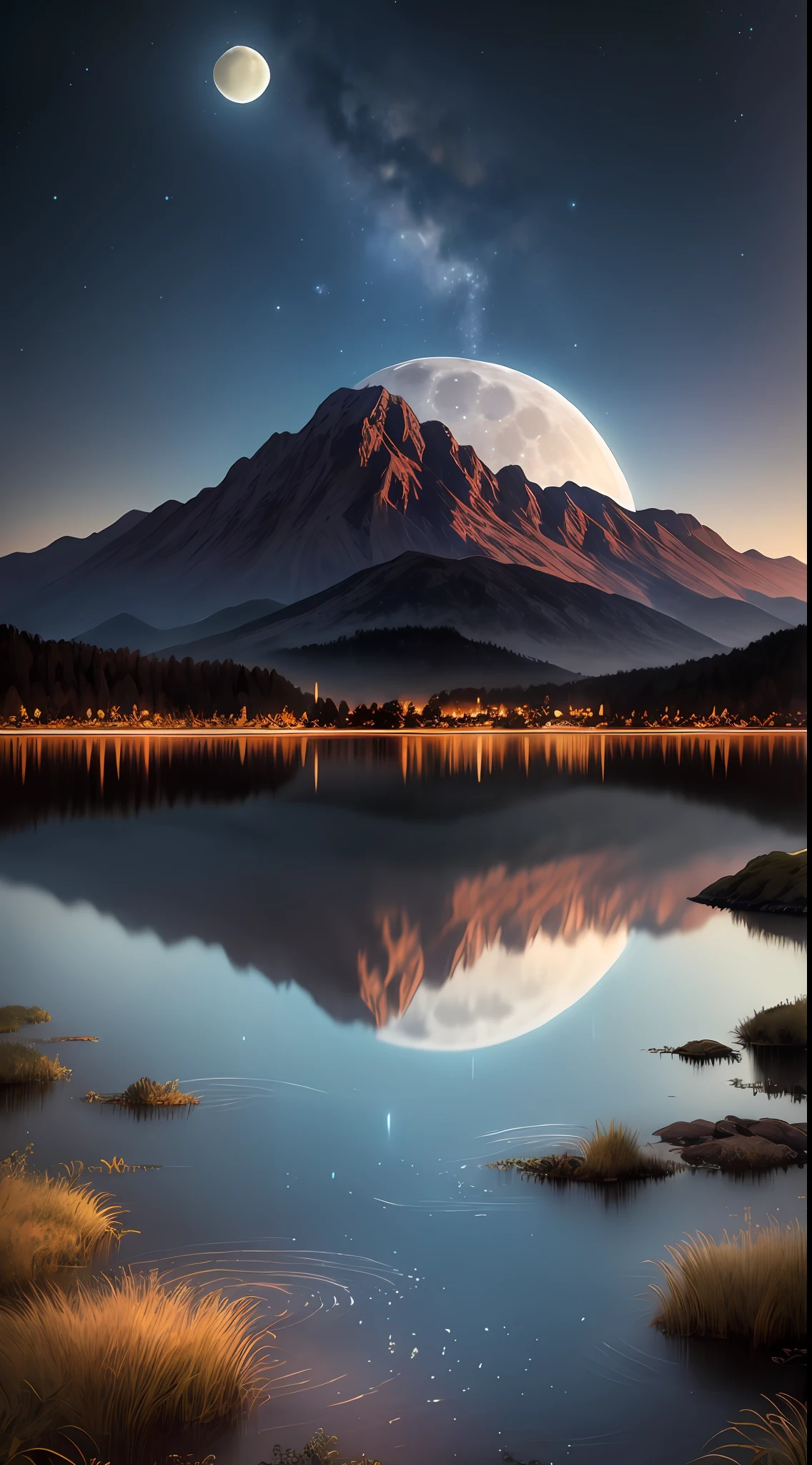 Very starry night. A giant moon behind the mountains. A tranquil lake reflecting the night. Realistic scene, detailed, photorealism, 8k
