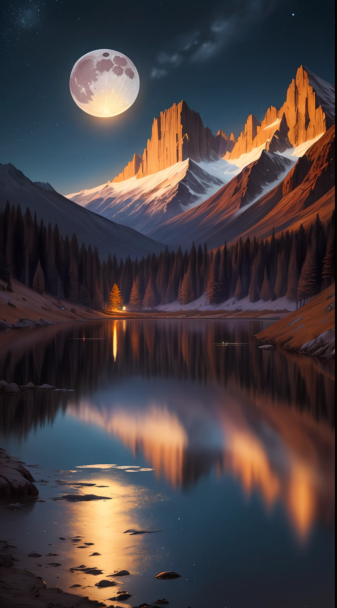 Very starry night. A giant moon behind the mountains. A tranquil lake reflecting the night. Realistic scene, detailed, photorealism, 8k