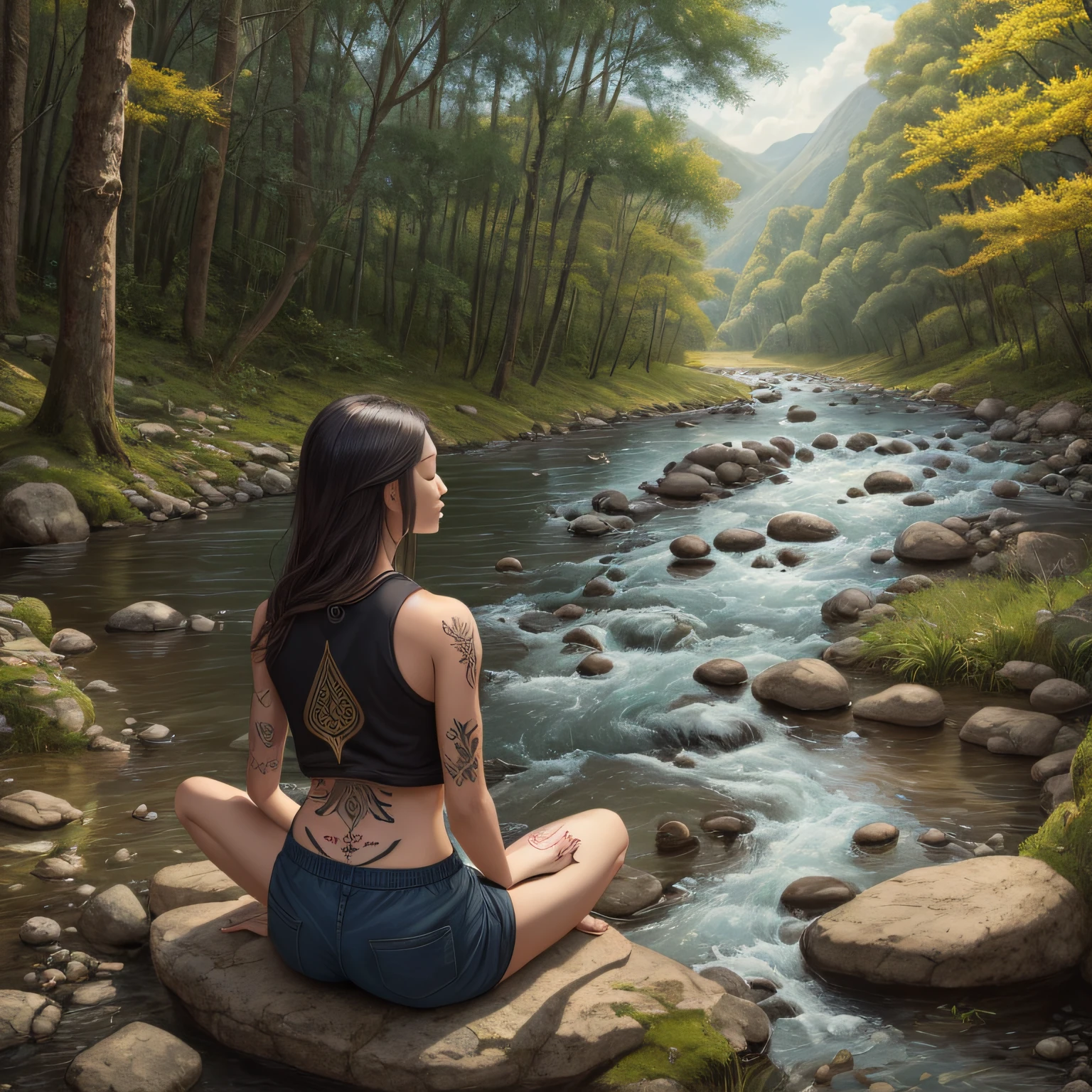 Tantric priestess woman in shorts with tattoos and percings meditating on the banks of a river next to a photorealistic wolf --auto