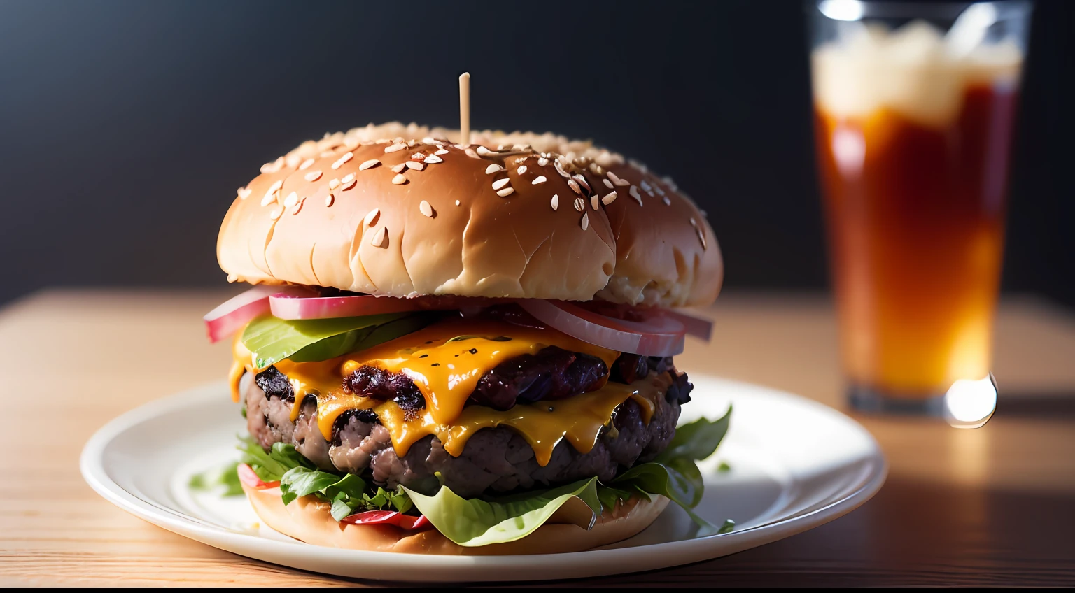 Photo of a dub burger with cheese and bacon and fries from food photography, food photography, photorealistic, ultrarealistic, maximum detail, foreground focus, recipes.com, epicurious, instagram, 8k, volumetric light, cinematic, rendering octane, rising light, no blur, depth of field , dof, bokeh --auto