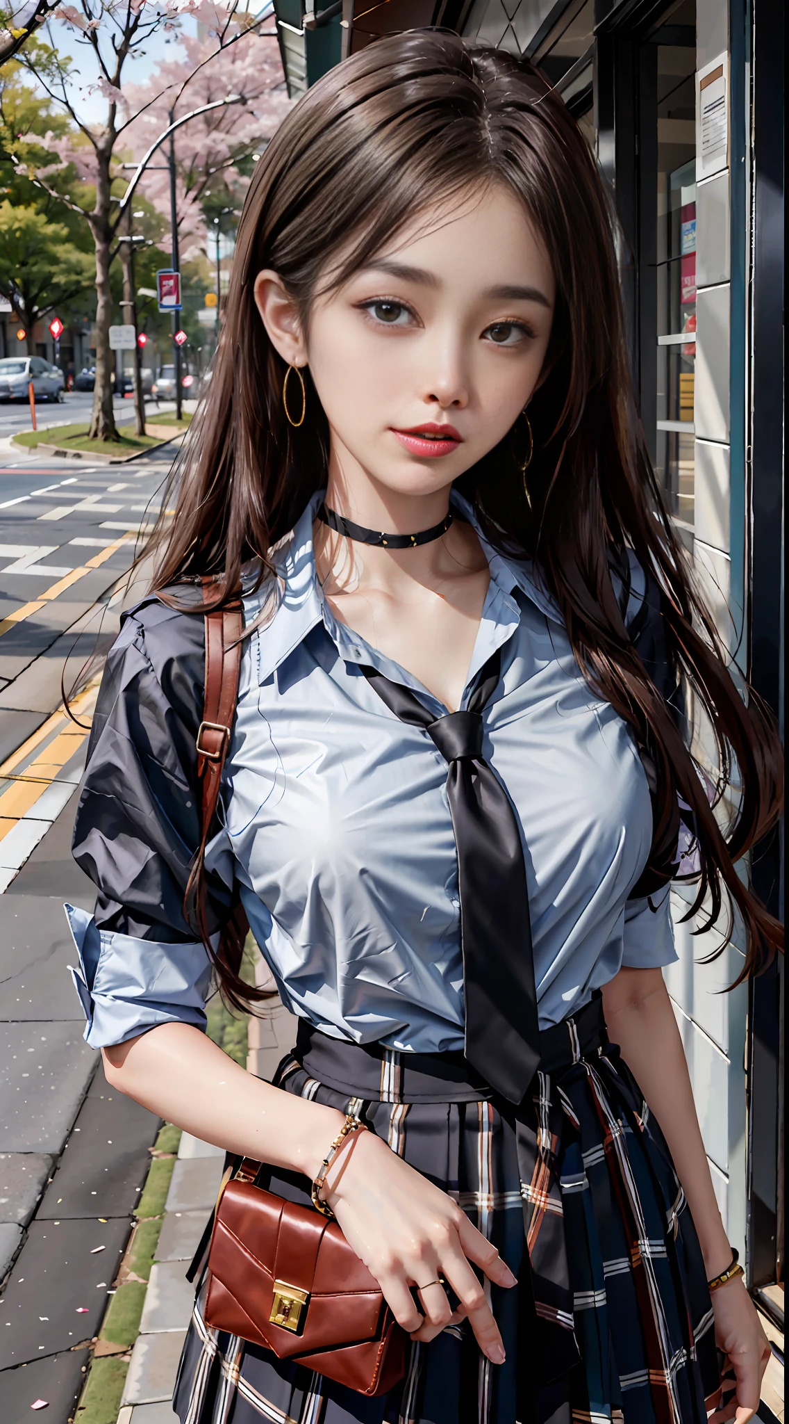 masterpiece, best quality, full body, 1girl, bangs, black choker, black necktie, black hair, blue skirt, blush, bracelet, breasts, choker, clothes around waist, collarbone, collared shirt, cowboy shot, dress shirt, ear piercing, eyebrows visible through hair, gradient hair, grin, gyaru, jewelry, kogal, long hair, looking at viewer, loose necktie, necktie, piercing, plaid, plaid skirt, pleated skirt, red eyes, ring, school uniform, shirt, skirt, smile, solo, white shirt, street, sky, cherry blossoms, petals,illustration, (magazine:1.3), (cover-style:1.3), fashionable, woman, vibrant, outfit, posing, front, colorful, dynamic, background, elements, confident, expression, holding, statement, accessory, majestic, coiled, around, touch, scene, text, cover, bold, attention-grabbing, title, stylish, font, catchy, headline, larger, striking, modern, trendy, focus, fashion,