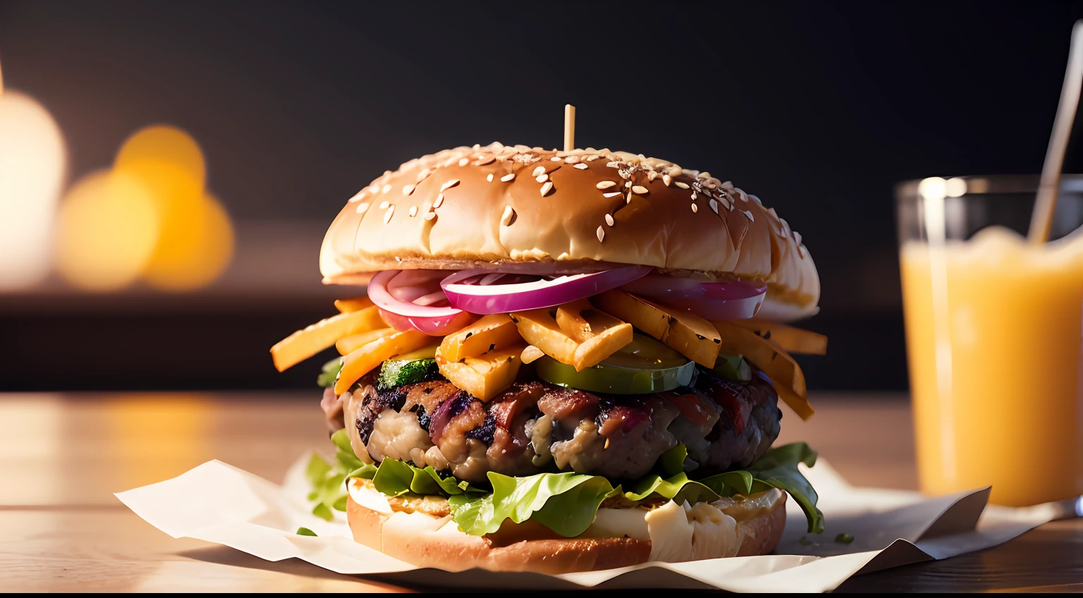 Photo of a dub burger with cheese and bacon and fries from food photography, food photography, photorealistic, ultrarealistic, maximum detail, foreground focus, recipes.com, epicurious, instagram, 8k, volumetric light, cinematic, rendering octane, rising light, no blur, depth of field , dof, bokeh --auto