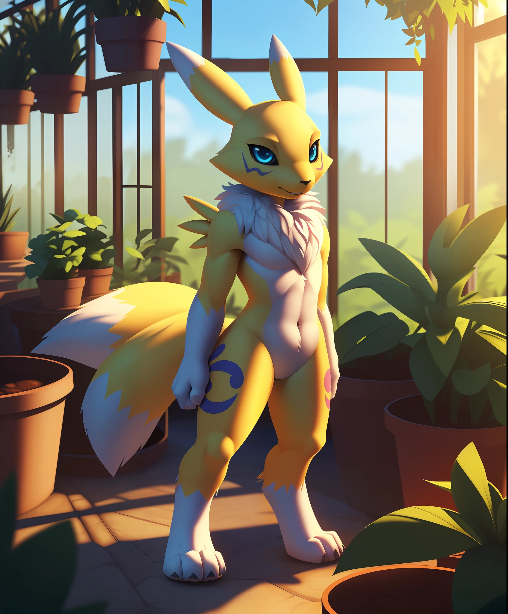 uploaded on e621, ((by Yookie, by Anton Fadeev, by Tomer Hanuka)),
solo (((chibi Renamon))) with ((yellow and white body)) and (neck tuft) and (large fluffy tail) and ((clear aqua blue eyes)),
 ((detailed fluffy fur)), ((full-length portrait, three-quarter view, looking at viewer)),
BREAK
((standing at greenhouse with pink and blue sky on sunny day)),
(masterpiece, best quality, ultra realistic, 4k, 2k, (intricate:1), (high detail:1.25),
(3d \(artwork\):1), blender \(software\), (soft focus), ray tracing, (unreal engine:1.2), absurd res)