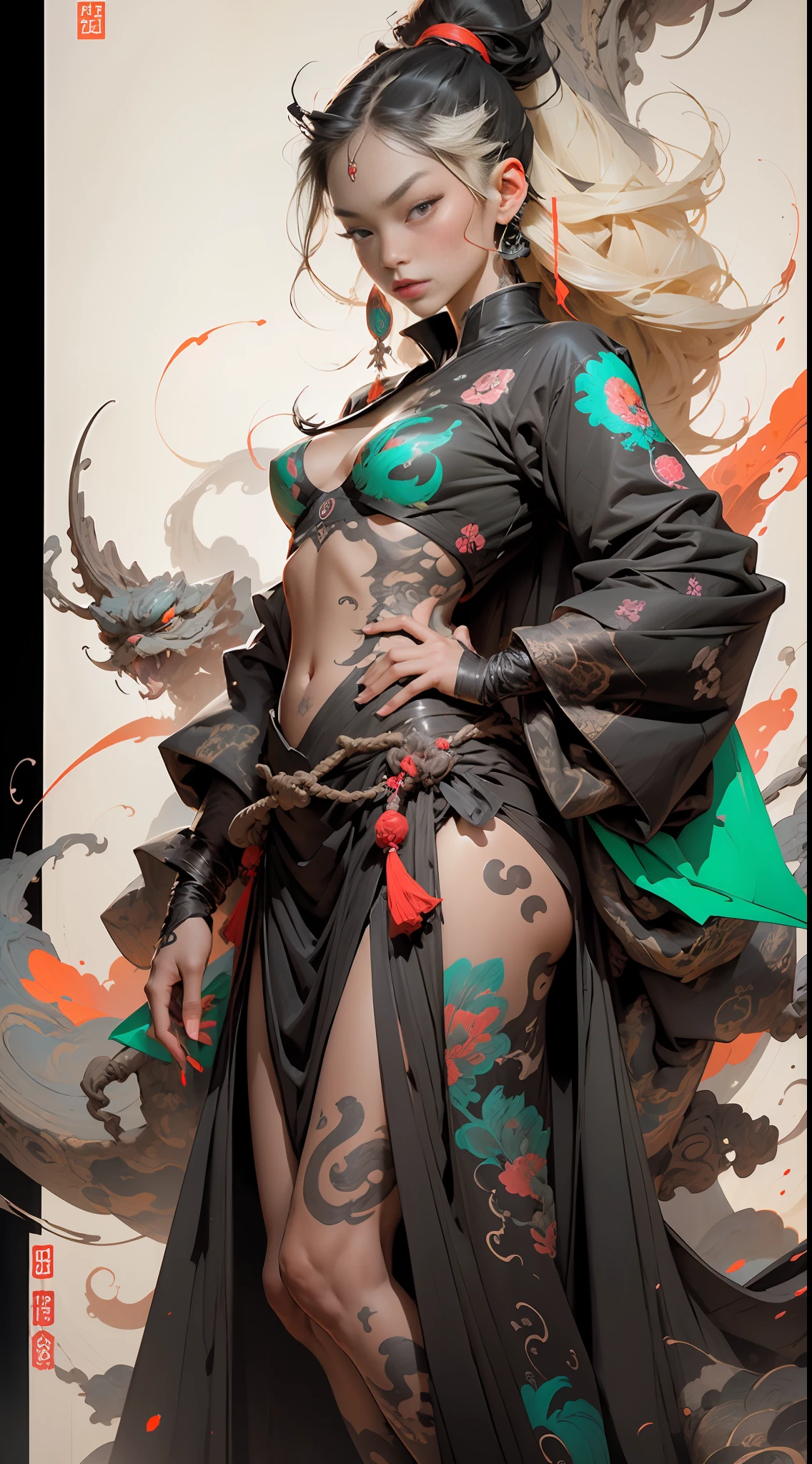 wuxia,vector art, beatiful and delicate face, 1ebony woman with tattoos, long blonde hair, black and green clothes, super colorful,luminous colorization, sharp, cinematic, dof, 35mm, pintura luminosa, full body, standing in obscure background.