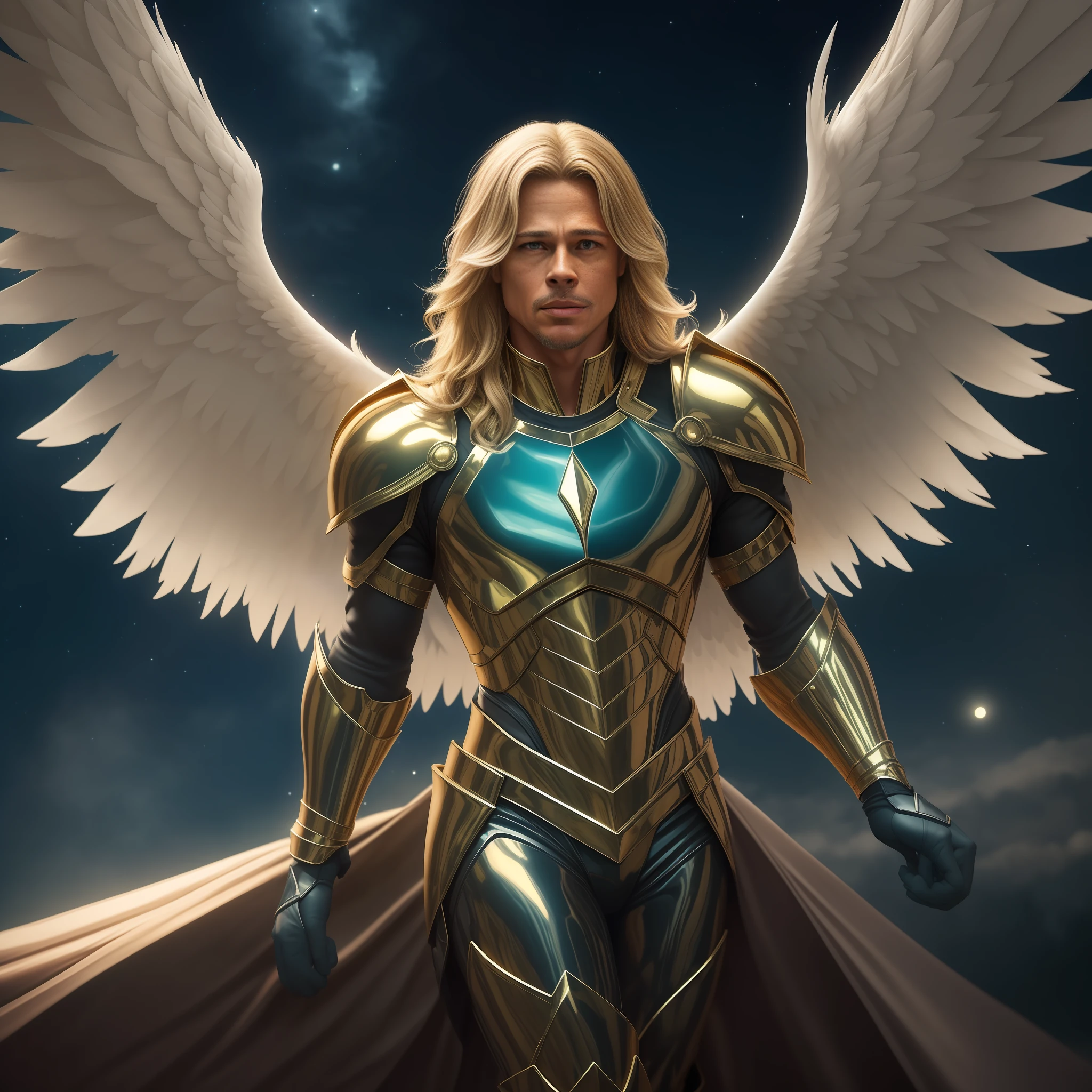 Michael Archangel. brad pitt face (1.2). alone. full body. Gold and silver armor. detailed beautiful face. facing camera. Dark atmosphere. big white wings (1.2). Extremd long blond hair (1.2). almond blue eyes. night sky. 8k, HDR, ultra realistic, realistic skin, masterpiece, best quality, high quality, photo realistic, ray tracing.