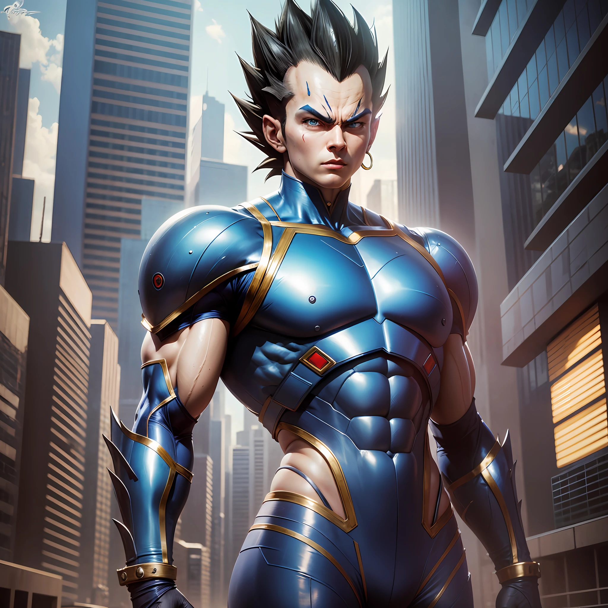 Vegeta, the 5, 20 year old super sayagin with fair skin is a true masterpiece of male beauty, anatomically perfect from the modern man standing tall in an abandoned haunted city. Moonlight accentuates your muscles and scars. The landscape is lush and mysterious, with the dark city. Surroundings. The camera details everything. When looking at beautiful eyes, having sexy eyes will attract the opposite His eyes are on the viewer, you can clearly see every little detail and every perfect line, every beautiful skin detail in 8K quality, everyone is captivated by the confidence that exudes from every glance. His head has white hair and his face is painted with meticulous detail using 8K quality images. Is a character in the series Dragon Ball Seven. gliulian art style, highly detailed official artwork, jin shan, official art --auto