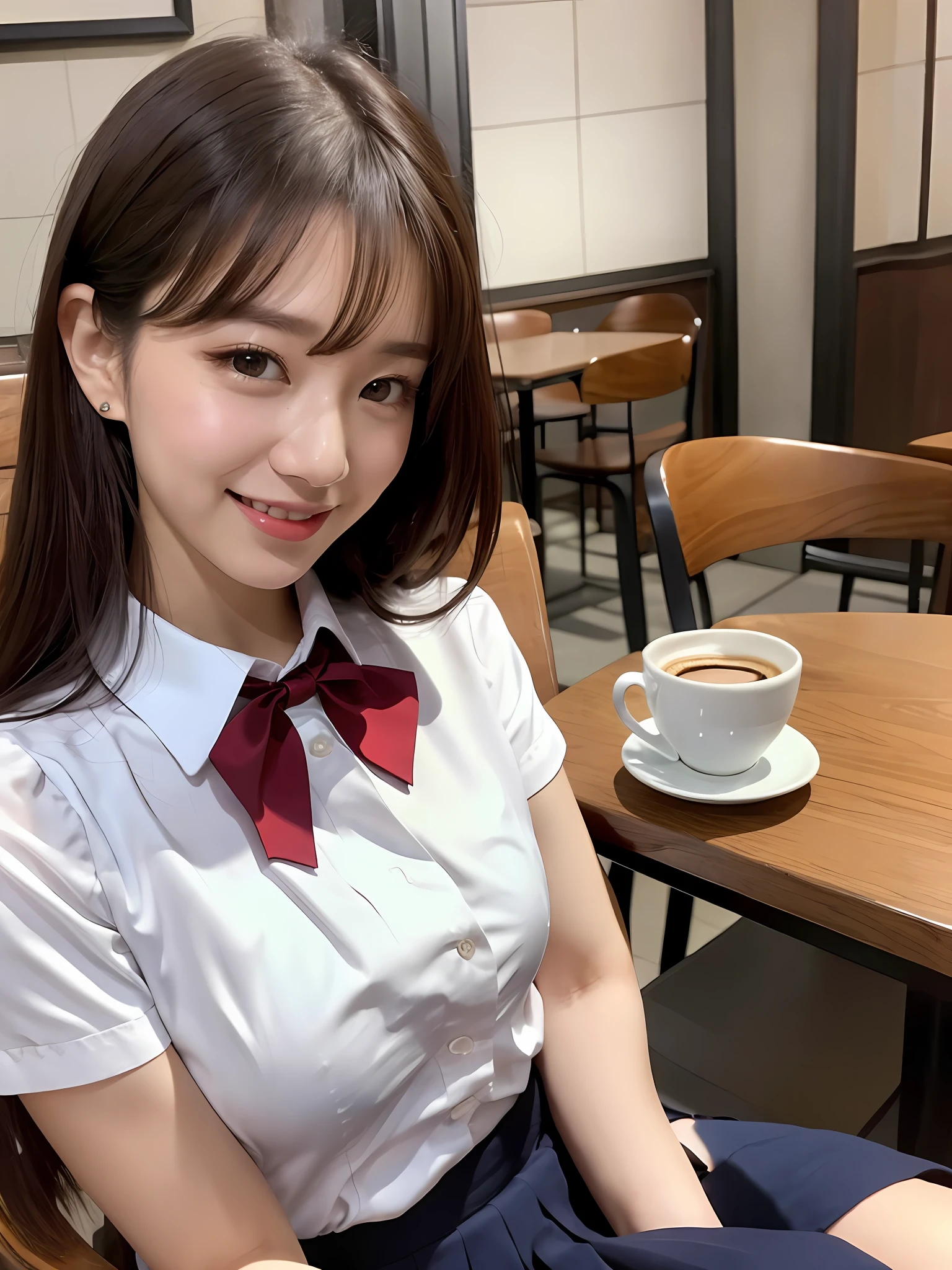 masterpiece, Upper body shot, Front View, 1 woman per 1 photo, a Japanese young pretty woman, hyper pretty face, 18 years old, sitting on a chair in a coffee shop with a big smile, Coffee on the table, glamorous figure, wearing a short sleeves shiny silky white collared shirt with shiny satin red plain bow tie, wearing a dark blue pleated skirt of long length, Glossy lips, Sweaty body, double eyelids in both eyes, Natural makeup, Long eyelashes, shiny smooth light brown hair of medium length, Asymmetrical bangs, tanny skin, central image, 8K resolution, High Detail, detailed hairstyle, detailed faces, spectacular cinematic lighting, Octane Rendering, Vibrant, ultra-Realstic, Perfect limbs, Perfect Anatomy