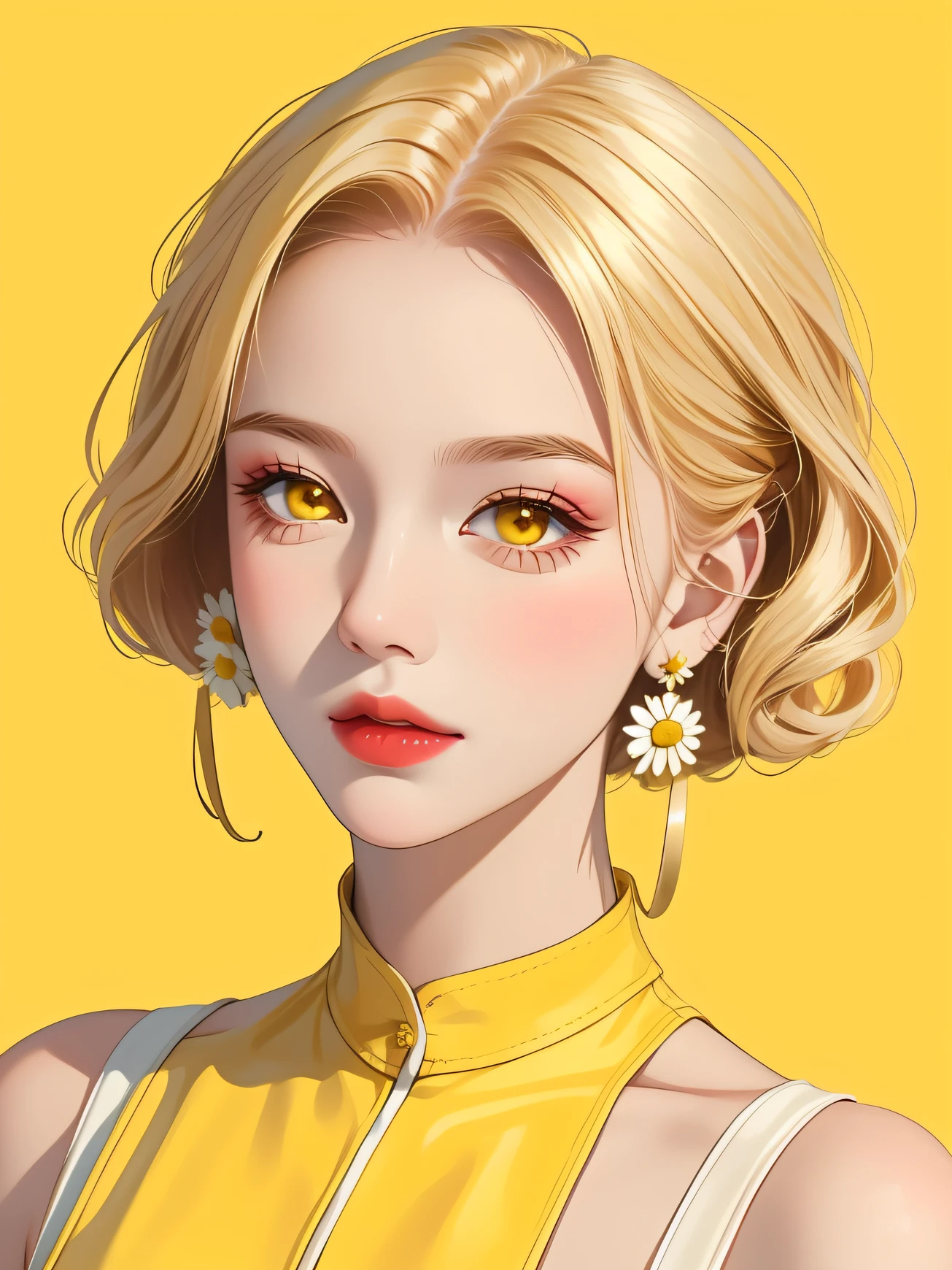 Highest quality, masterpiece, a girl, short yellow hair, slightly curly hair, yellow earrings, collar, (yellow and white clothing), (delicate hair portrayal), (delicate yellow eye portrayal), (delicate facial features), solo, (small daisies), portrait depiction, solid color background, brokenness
