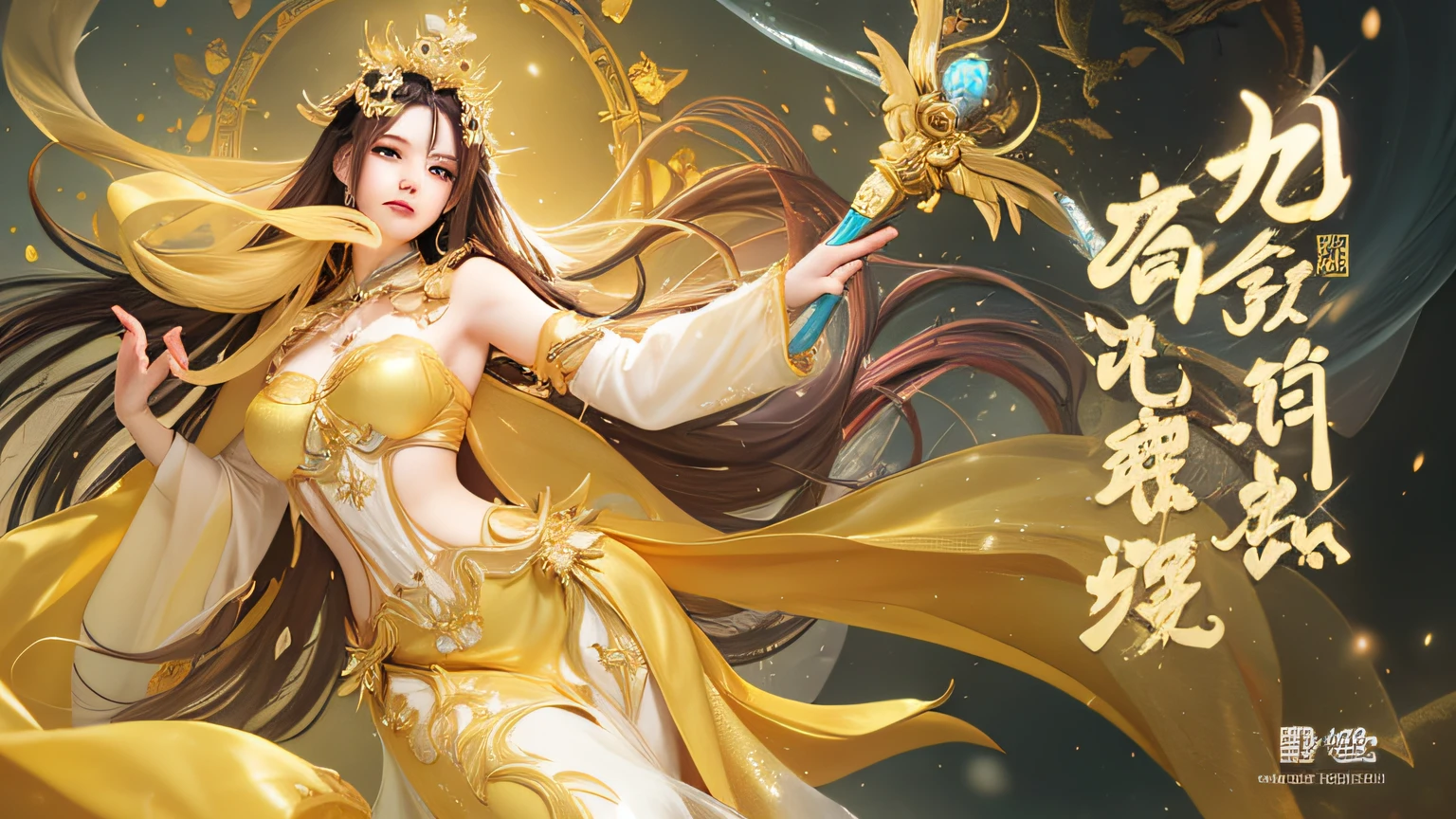 anime character with golden dress and golden hair holding a wand, beautiful celestial mage, a beautiful fantasy empress, anime goddess, by Yang J, gilded lotus princess, ((a beautiful fantasy empress)), queen of the sea mu yanling, Inspired by Huang Shen, flowing magical robe, full body xianxia, inspired by Ju Lian, xianxia fantasy