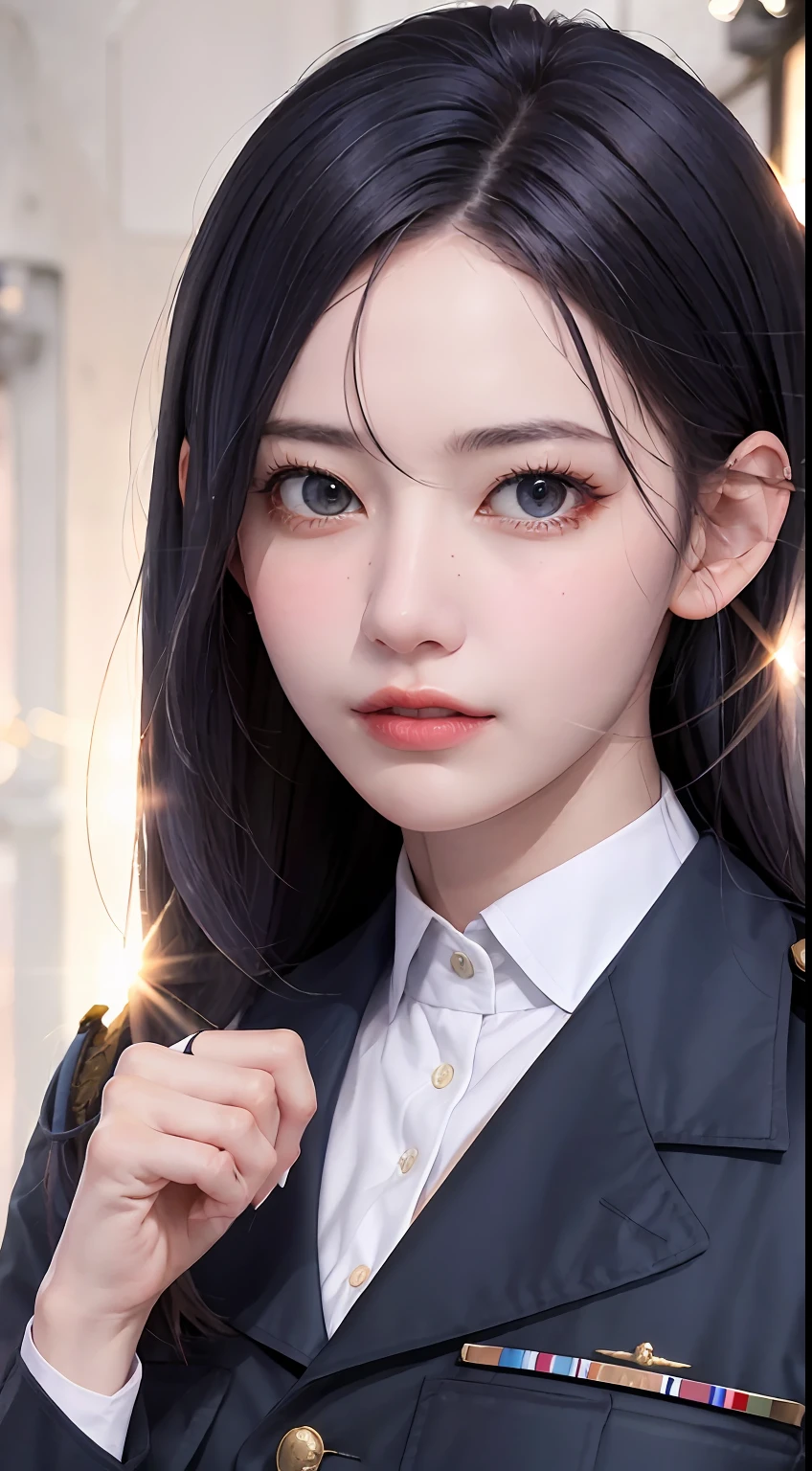 Modest outfit, remote shot, detailed beautiful delicate face, detailed beautiful delicate eyes, perfect facial proportions, high-definition skin, fine skin, four-inch best ratio. With one thumb, masterpiece, highly detailed, realistic, (World War II German general uniform reference : 1.8), highest facial resolution, 26 years old, modestly dressed woman, completely dressed, ( body small, dark blue hair, long hair and fine bangs, dark blue eyes), futuristic, science fiction, fighter plane, standing on the apron, government agency, personality hilarious, cheerful expression, respectful face, war, fighter plane