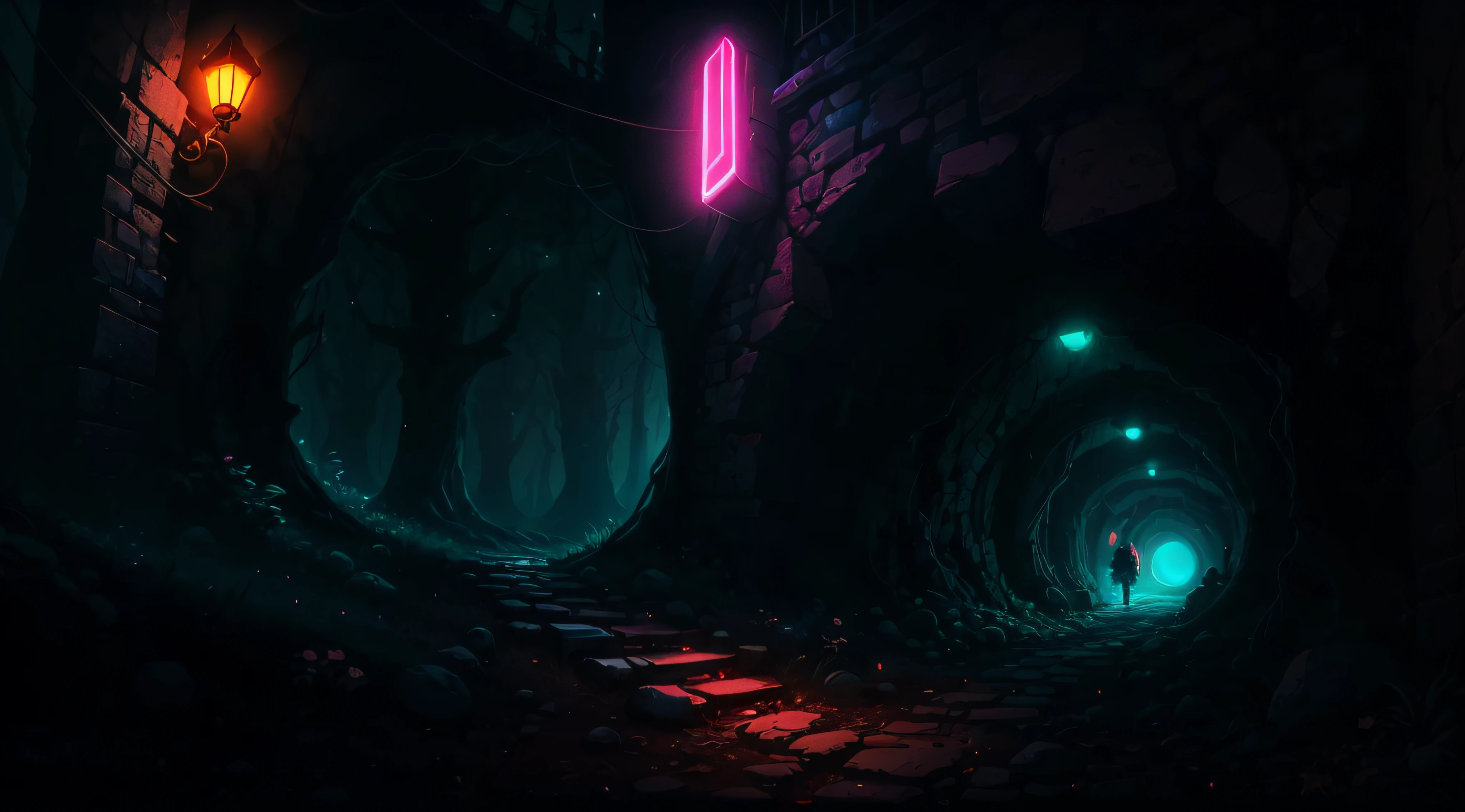 gravity falls, background, mistery, fantasy, cinematographic light, neon, florest --auto