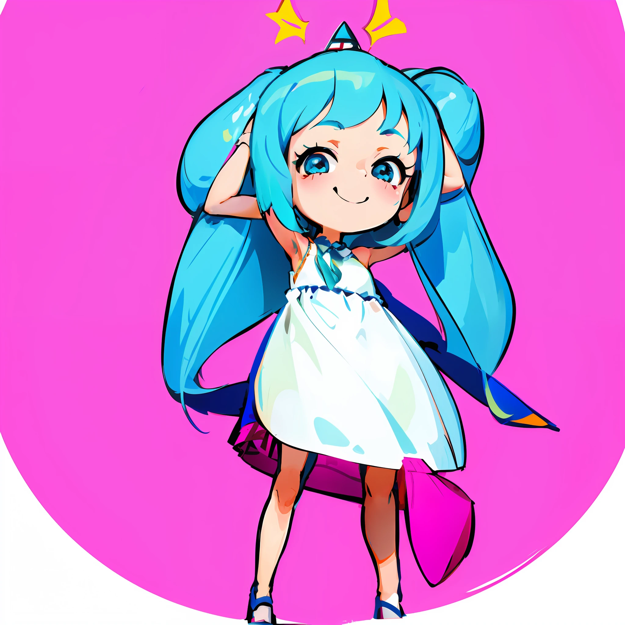 a cartoon girl with blue hair and a white dress, miku, Hatsune Miku, mikudayo, hatsune miku portrait, portrait of hatsune miku, vocaloid, a happy meal toy of hatsune miku, hatsune miku short hair, loli in dress, loli, hatsune miku face, pink twintail hair and cyan eyes