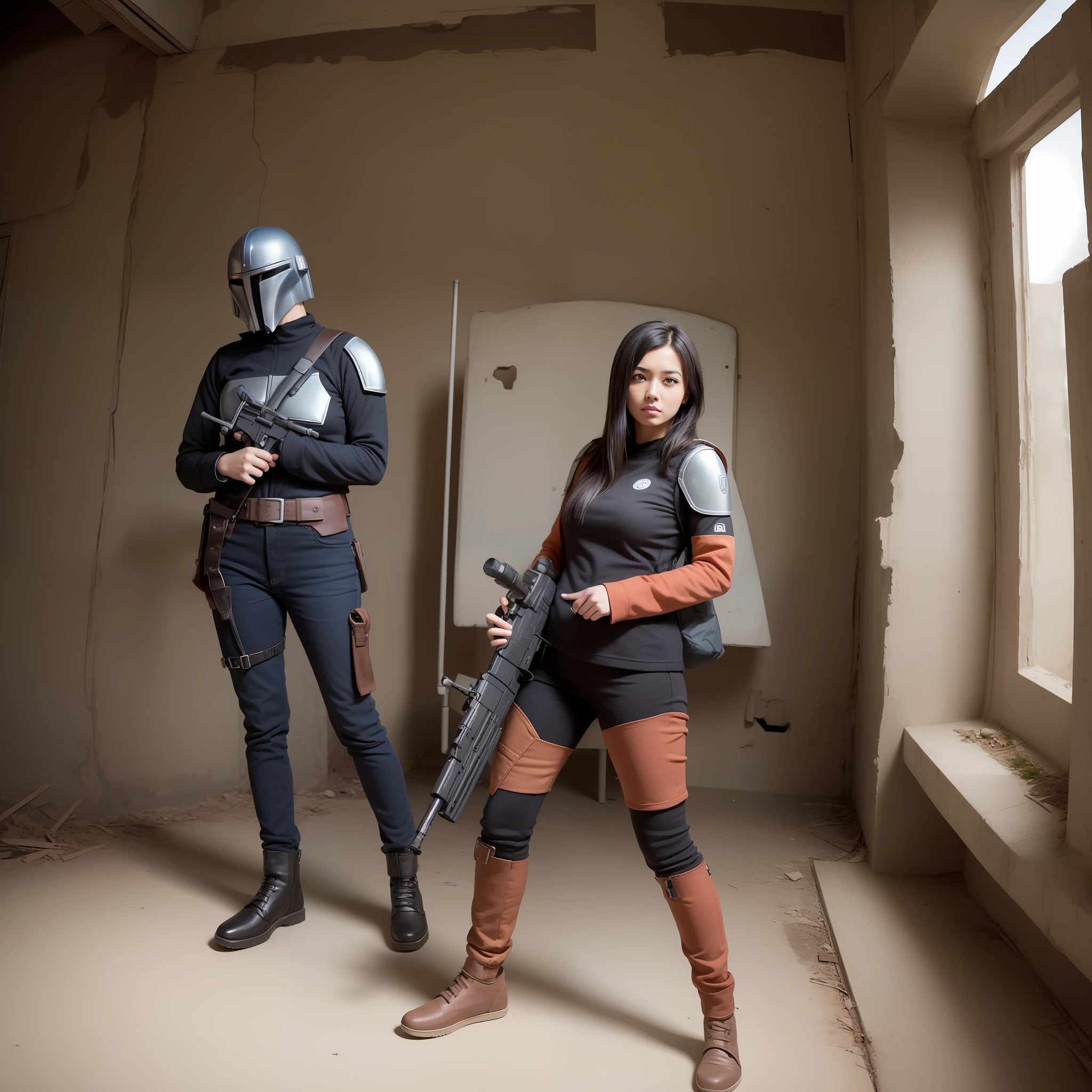 pfotorealistic,The girls,1person,sniper,Red Rifle,Abandoned factories,The Mandalorian,Black straight hair