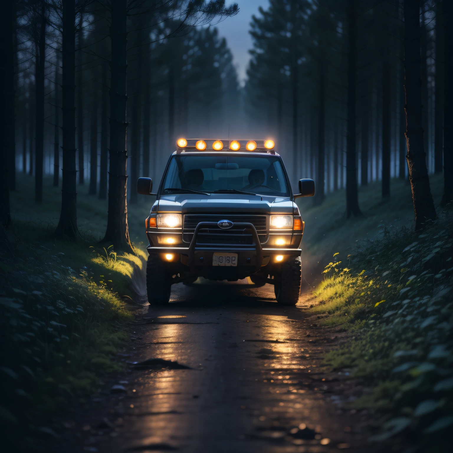 Um Pickup 4x4, dirigindo em uma estrada de terra no meio da floresta, vindo de frente, a noite, with headlights on, illuminating the darkness