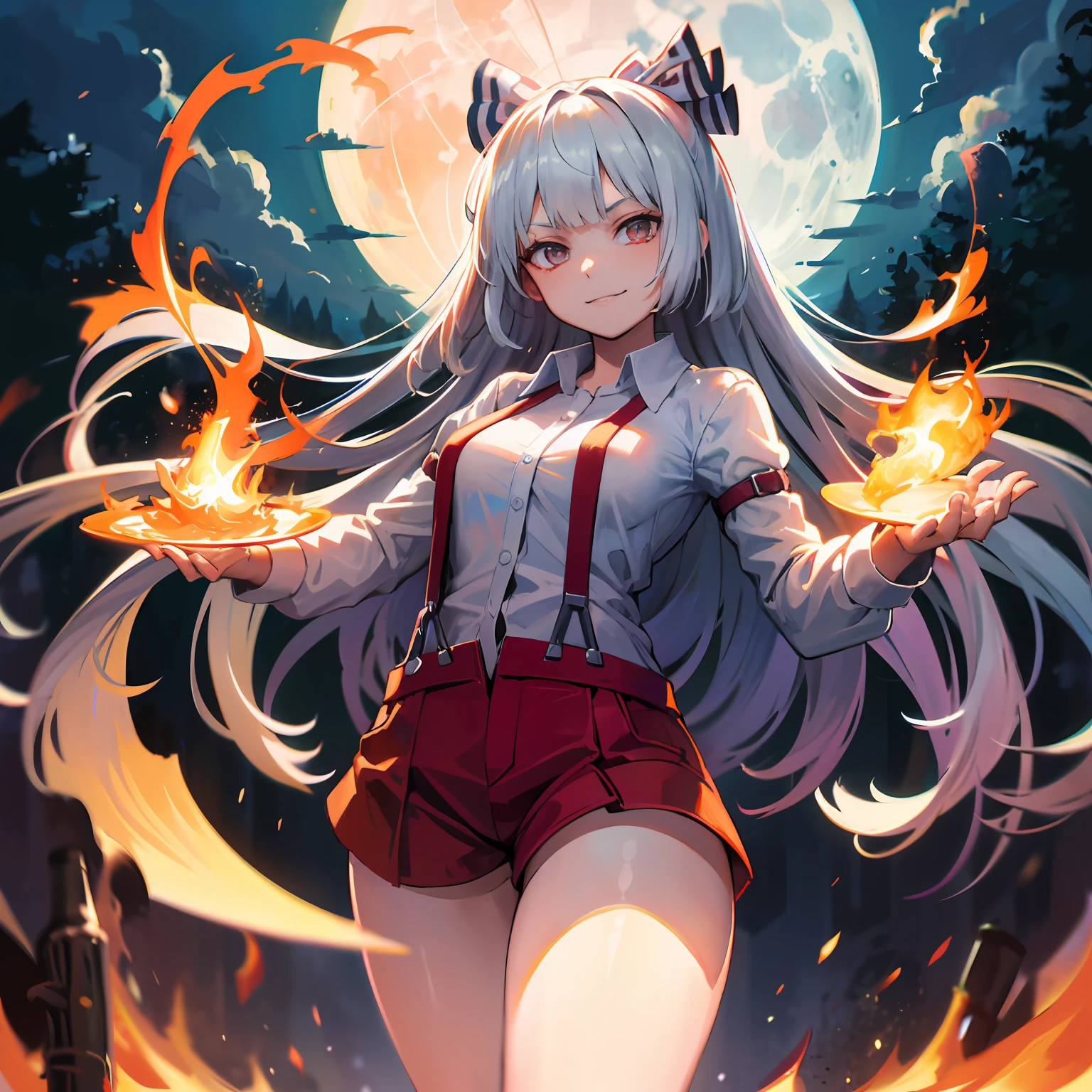 Master masterpieces！The best collection！1girl，Cute bow，Stylish shirts and suspenders，Handsome girl's unique sinister smile，Flames and the Moon，Show off at night，stare at viewer，Show domineering pose，Fujiwara no Moguchi，white hair，medium breast，Um corpo inteiro，large legs，Long hair，nacked