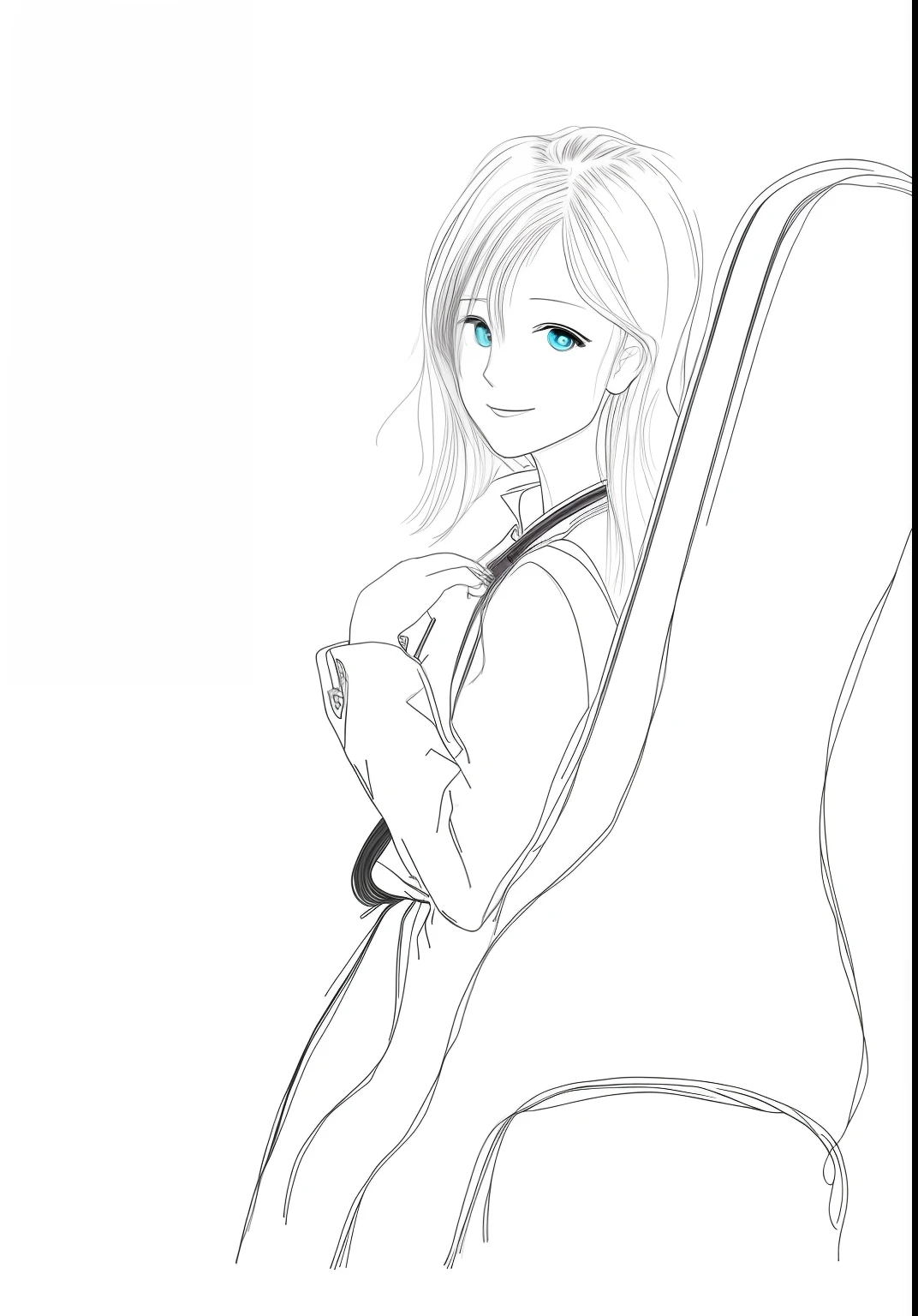 Brunette Hair，Gray eye、Carrying a guitar on his back，Korean comics，Small black suit、Royal sister style，Hand pull guitar bag，Half-body standing painting，