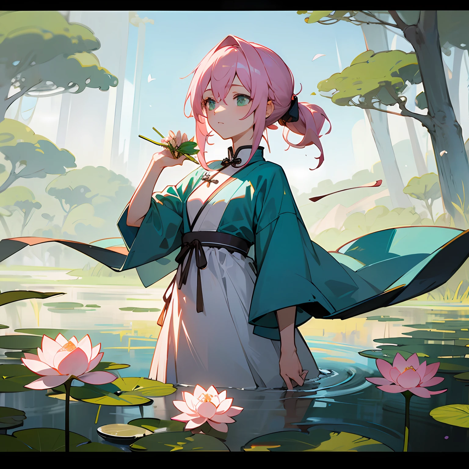Masterpiece,(best qualiy),highly detailed,Ultra-detailed,1 girl, Serenity, on a small hill.Surrounded by mist, with a flowing stream, green lush trees, light breeze, palesunlight, with a hint of pink in the sky, in the early morning, Expressionless, wearing awhite dress, A blue ribbon is tied around his hair,Holding a lotus flower in his hand, in the style oftraditional Chinese painting