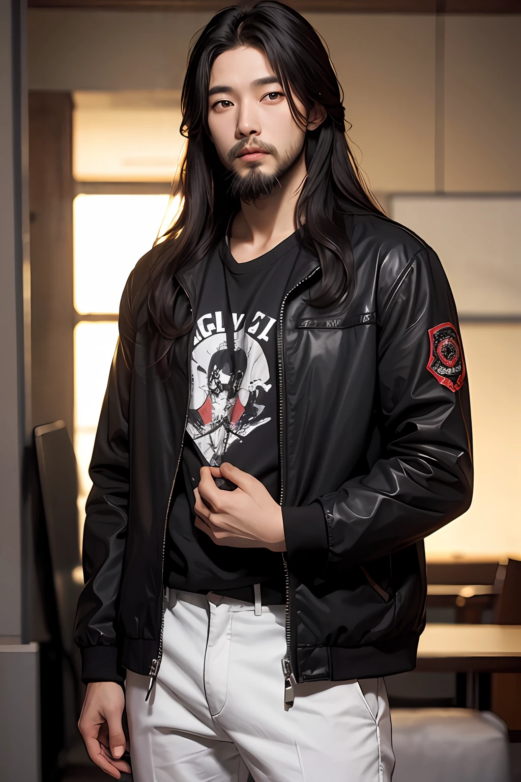 a korean man with black jacket, with beard, long hair