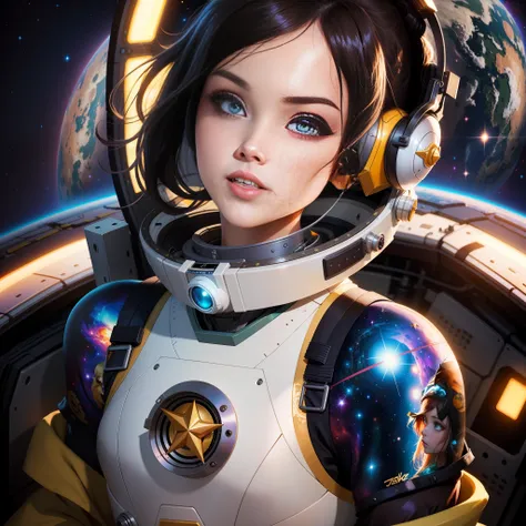 there is a woman in a space suit with a helmet on, portrait anime space cadet girl, artgerm jsc, girl in space, artgerm julie be...