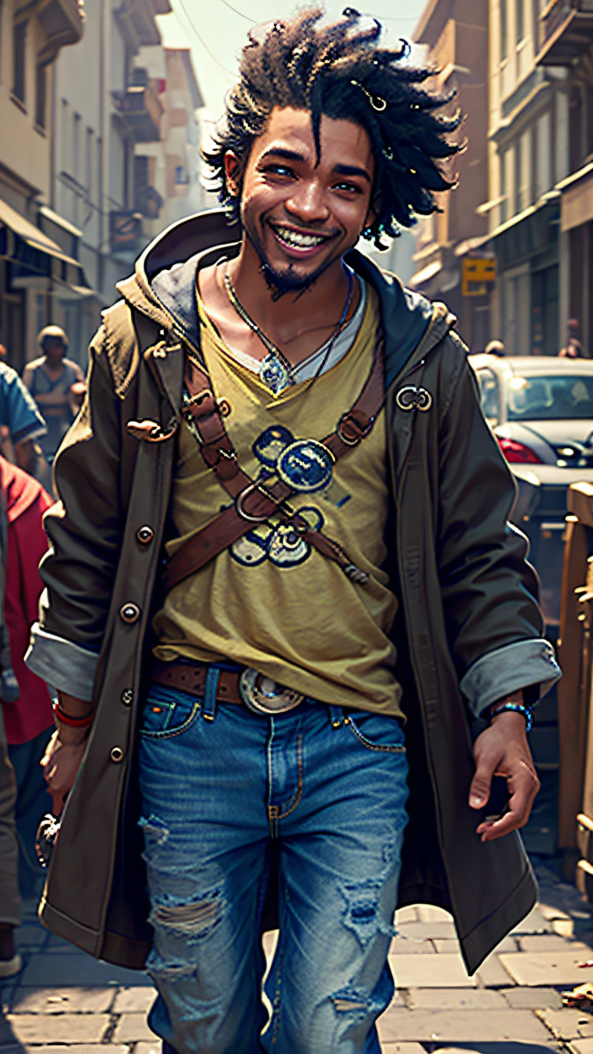 Personagem de desenho animado 3D, (((Sentado em um banco))), segurando um pequeno telefone celular, em uma rua da cidade, menino negro, (detailed facial features), camisa preta, jeans e sapatos pretos, (((baby) )), arte do filme, Cidade de Deus, ghailan!, como um personagem pixar, jovem bonito, cabelo afro, grace and blessing, (((sorriso bonito))), renderizado em irreal, imagem promocional do filme, imagem renderizada